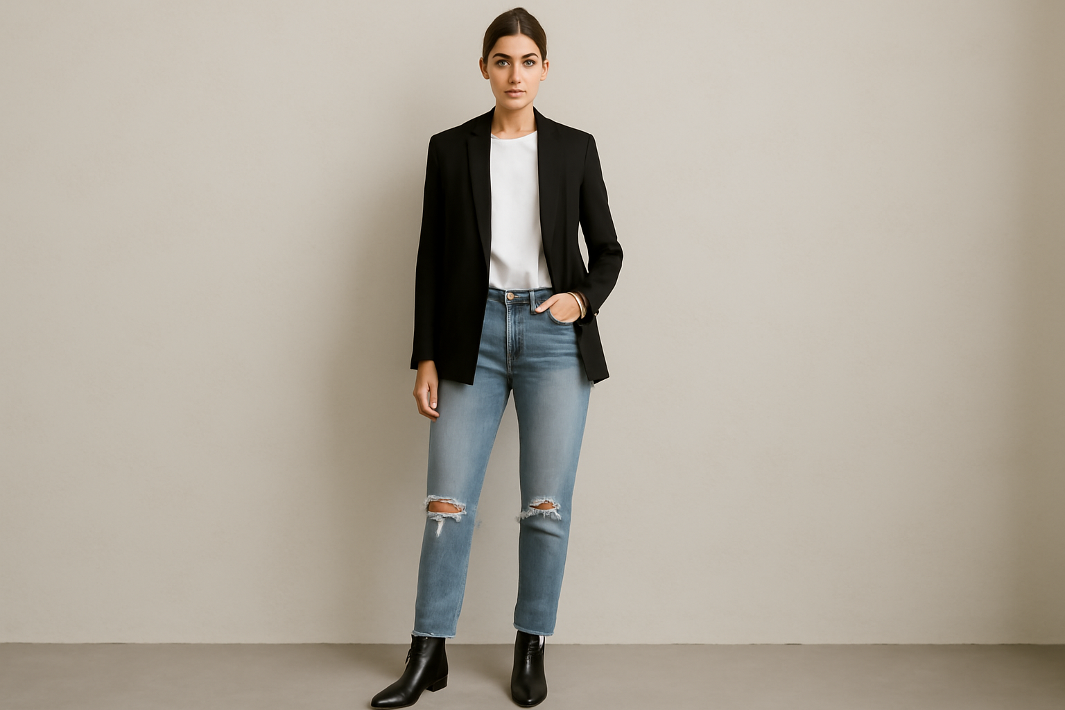 "Confident woman in a black blazer, white t-shirt, and ripped jeans, paired with black ankle boots, showcasing a chic and modern smart-casual outfit." 