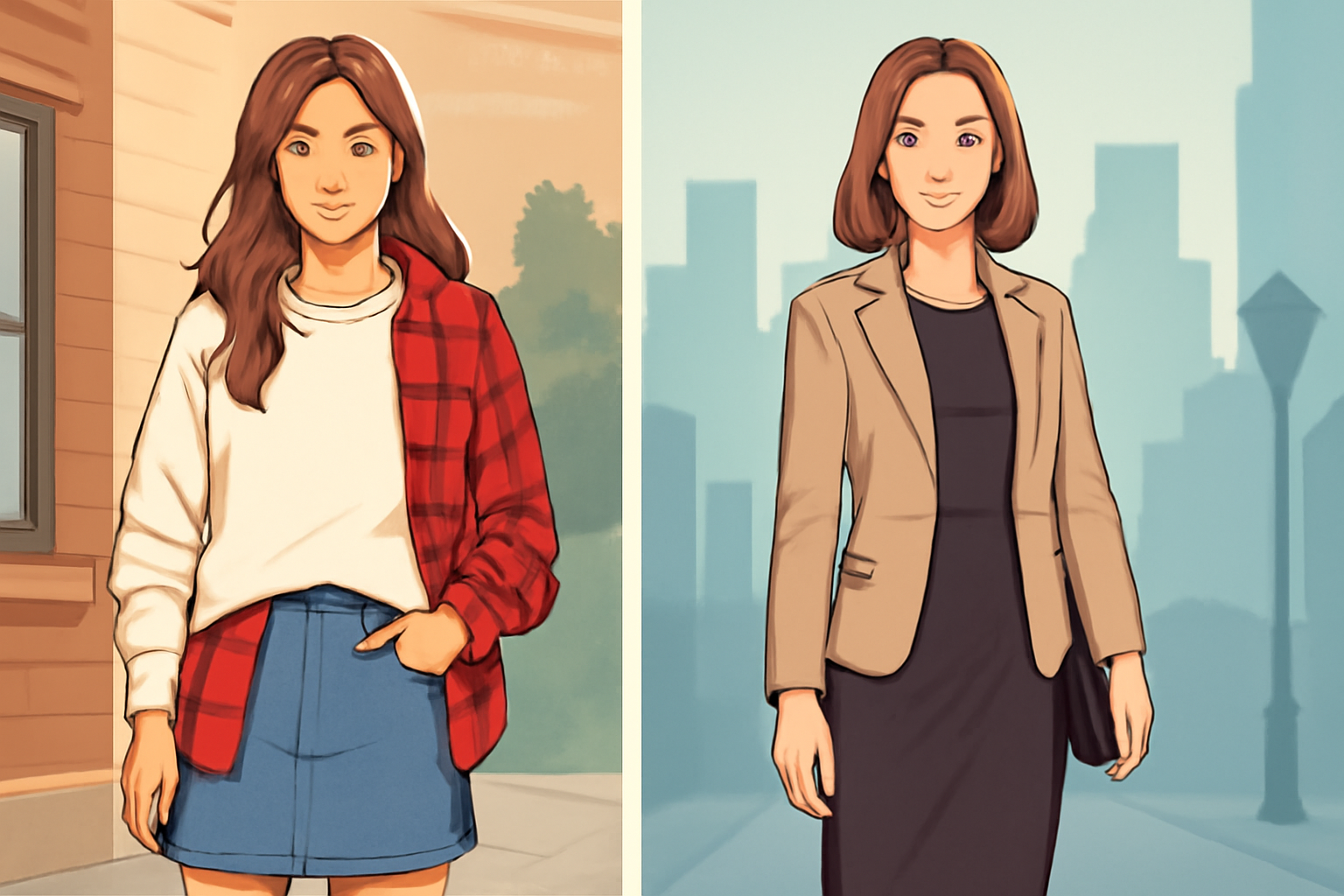 "Two stylish women depicted in a digital illustration. On the left, a casual, laid-back look with a red plaid shirt, white sweater, and denim skirt, standing in front of a cozy, suburban setting. On the right, a more polished and professional appearance featuring a beige blazer, black dress, and sophisticated city background with skyscrapers. The contrasting outfits represent a shift from casual to business attire." 