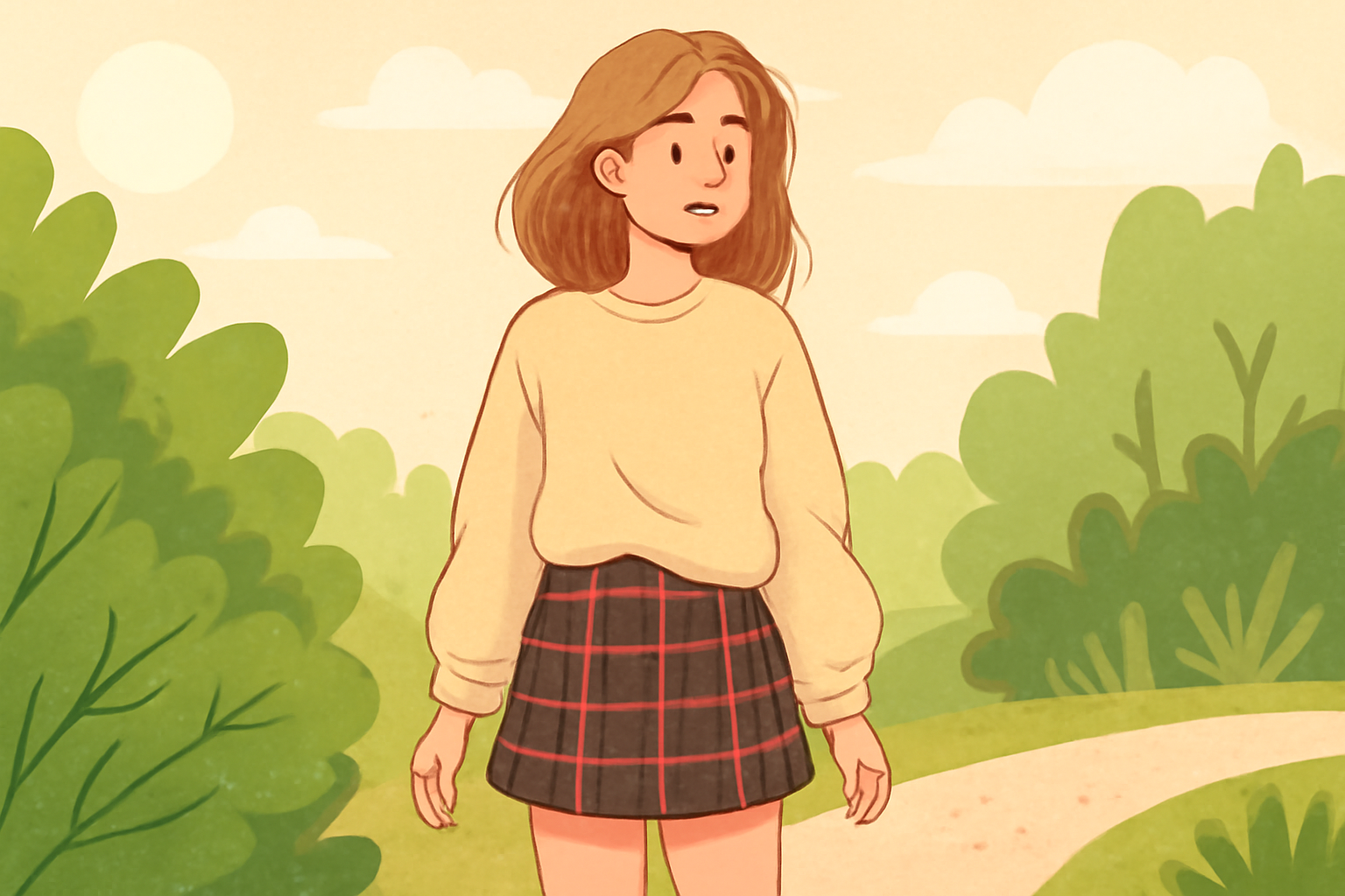 "Digital illustration of a young woman standing in a serene outdoor setting, surrounded by lush greenery. She wears a light beige sweater paired with a plaid skirt, her short brown hair gently flowing in the breeze. The soft sunlight and pastel-colored sky add to the calm and peaceful atmosphere of the scene."