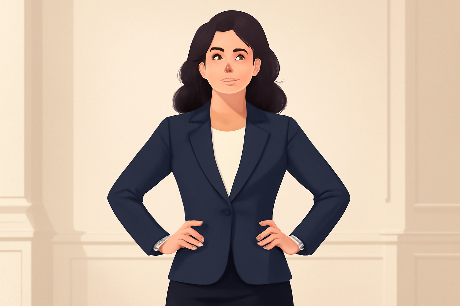 "Digital illustration of a confident woman in a professional business suit. She stands with her hands on her hips, wearing a navy blazer over a white blouse, exuding empowerment and professionalism. The background is a simple, light-colored office setting, emphasizing her poised and authoritative demeanor." "Digital illustration of a confident woman in a professional business suit. She stands with her hands on her hips, wearing a navy blazer over a white blouse, exuding empowerment and professionalism. The background is a simple, light-colored office setting, emphasizing her poised and authoritative demeanor." 