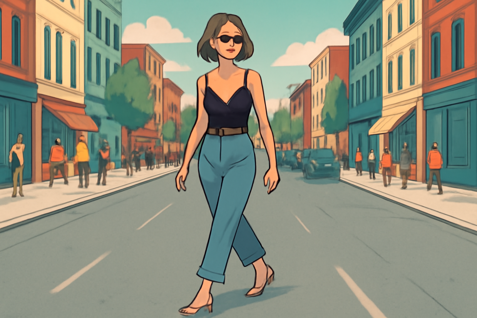 "Digital illustration of a fashionable woman walking confidently down a city street. She wears a black top, high-waisted light blue jeans, and sunglasses, exuding a laid-back yet chic vibe. The background features a bustling urban setting with colorful buildings, pedestrians, and vehicles, creating a vibrant, lively atmosphere."