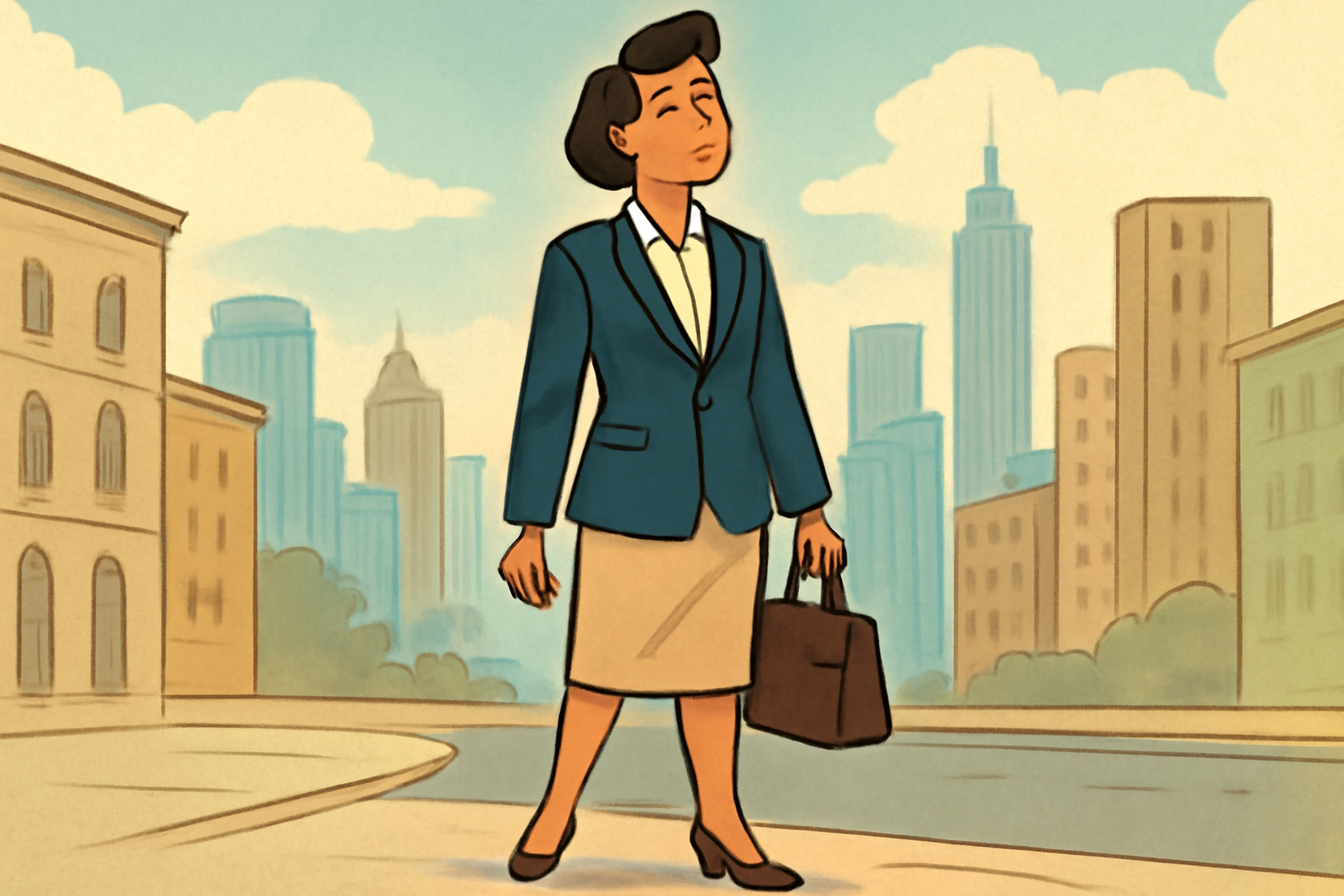 "Digital illustration of a confident woman in a business suit standing on a city street. She wears a teal blazer, beige skirt, and heels, holding a brown briefcase. The background features tall buildings and skyscrapers, showcasing a vibrant urban setting. Her poised expression reflects a strong and professional demeanor." 