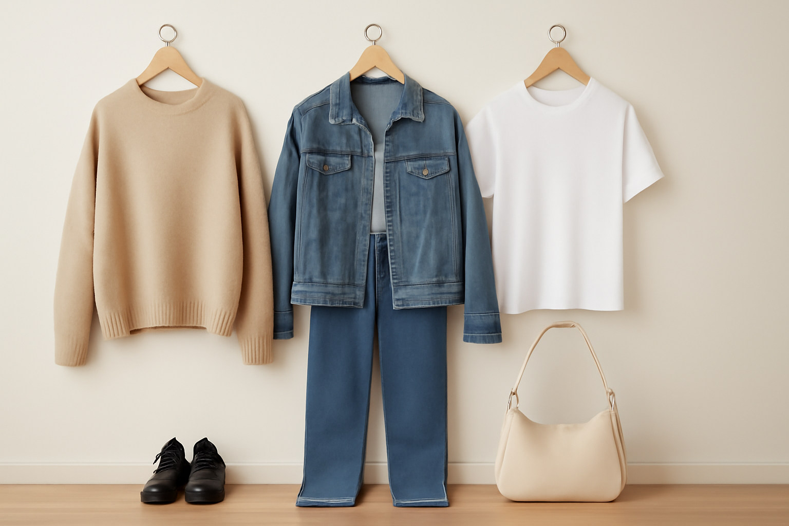 "Casual outfit collection featuring a beige sweater, denim jacket, white t-shirt, high-waisted jeans, black shoes, and a beige handbag."