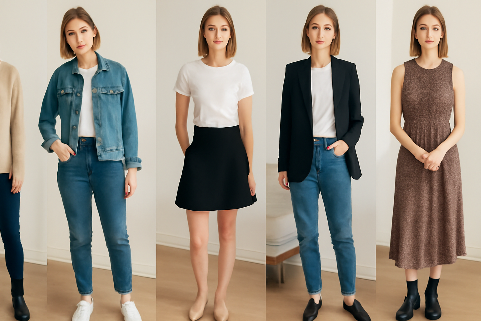 "Five casual outfit styles featuring a beige sweater, denim jacket, white t-shirt, black skirt, black blazer, and a brown dress, each paired with different footwear." "Five casual outfit styles featuring a beige sweater, denim jacket, white t-shirt, black skirt, black blazer, and a brown dress, each paired with different footwear." 