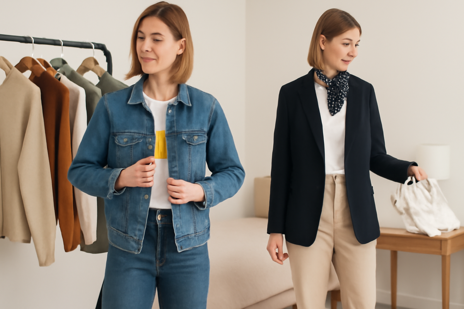 "Two women showcasing casual and professional outfits, one wearing a denim jacket with jeans and the other in a navy blazer with beige pants, with a clothing rack in the background."