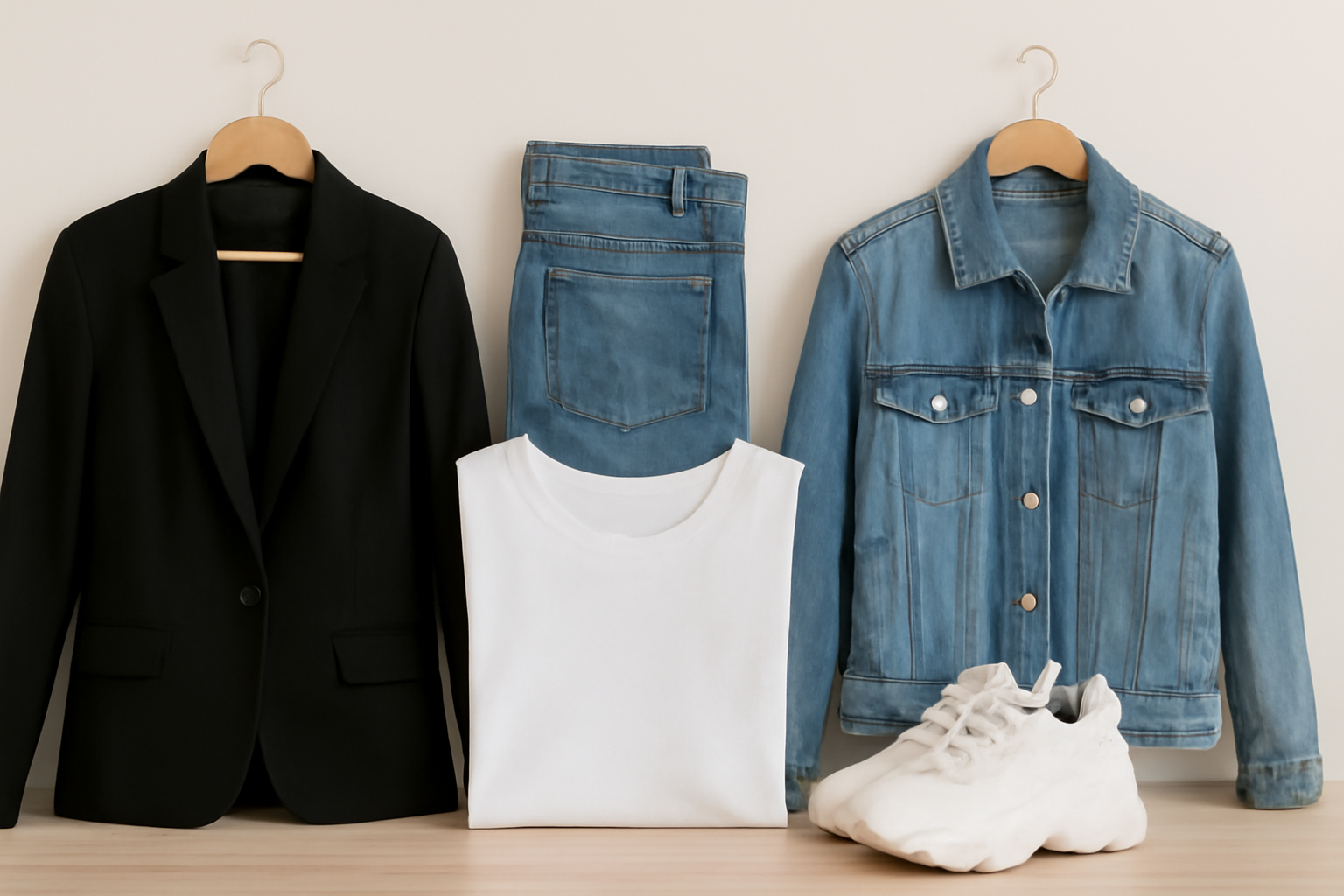 "Casual outfit collection featuring a black blazer, white t-shirt, denim jacket, blue jeans, and white sneakers, neatly arranged on a flat surface."