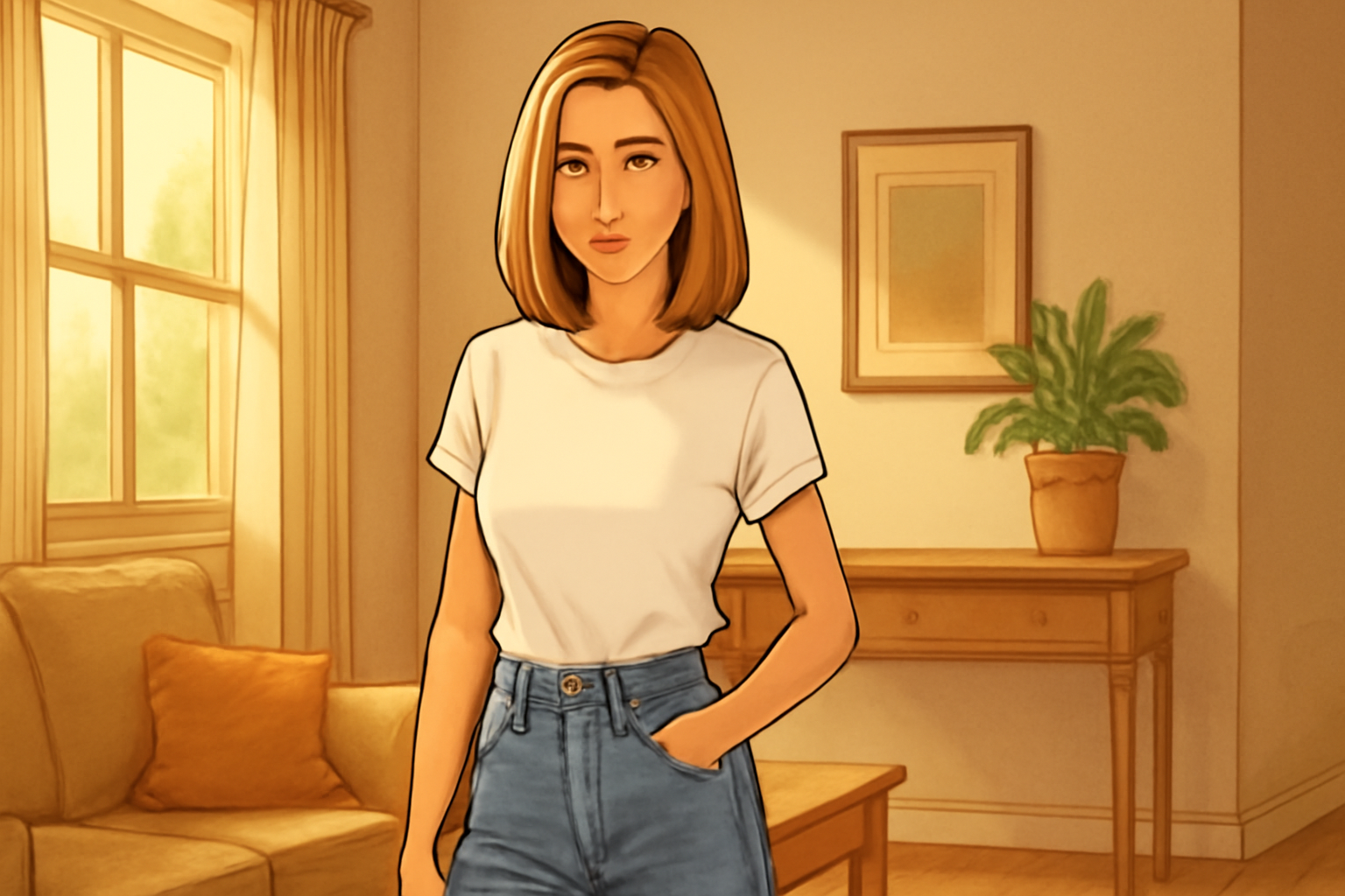 "Illustration of a person wearing a white t-shirt and high-waisted jeans standing in a cozy room with a potted plant and soft lighting."