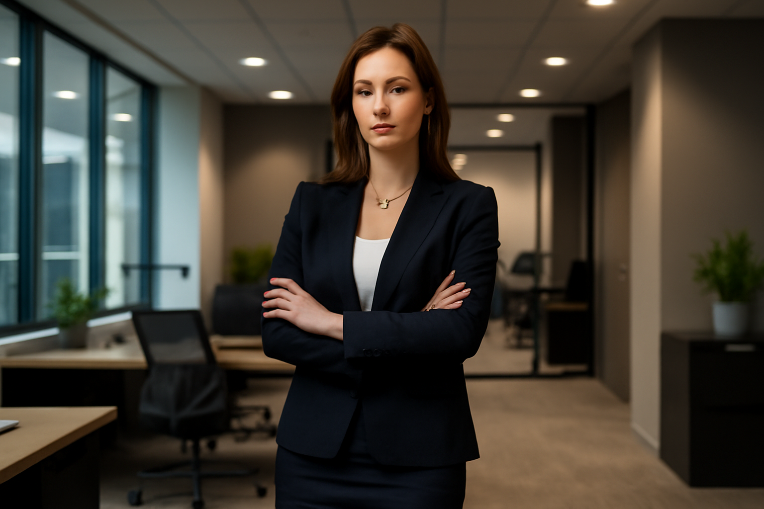 "Confident woman standing in a modern office space, wearing a tailored dark navy blazer and white top, embodying professional style and empowerment. The background shows a sleek office environment with plants, reflecting a polished, business-ready look."