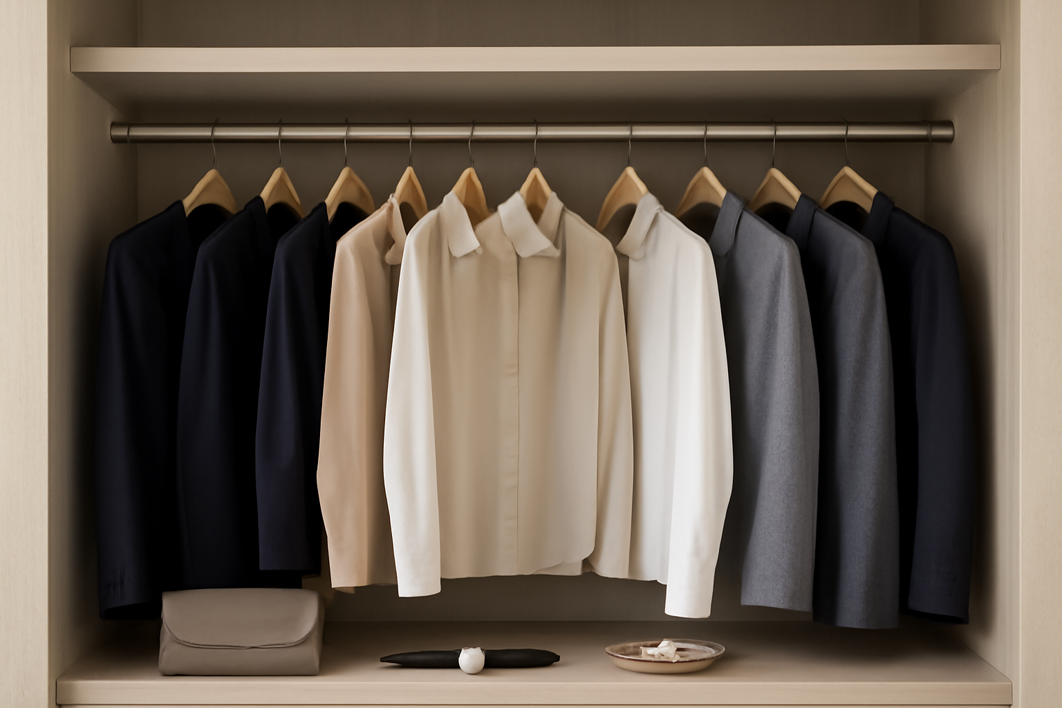 "Well-organized wardrobe featuring a collection of tailored blazers and elegant blouses in neutral tones, including navy, beige, white, and gray. The minimalist design and soft lighting create a clean, professional look."
