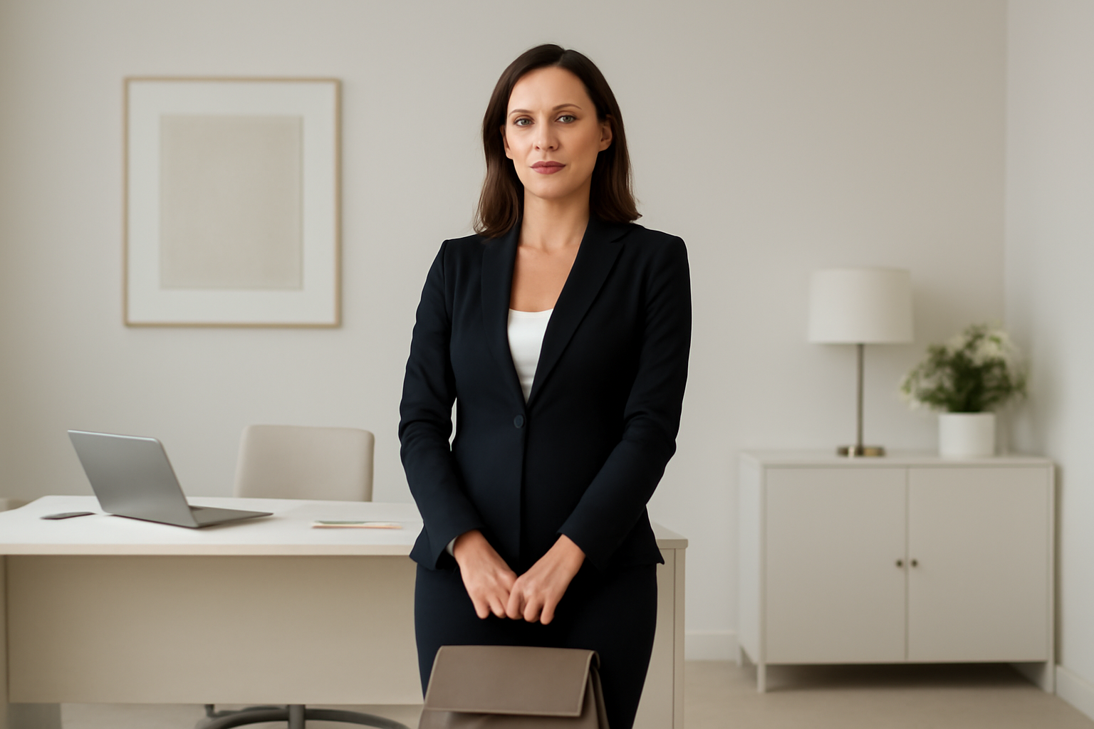 "Confident woman standing in a modern, minimalist office, wearing a tailored dark navy blazer and white top. She is holding a brown handbag and exuding a professional, empowered vibe."