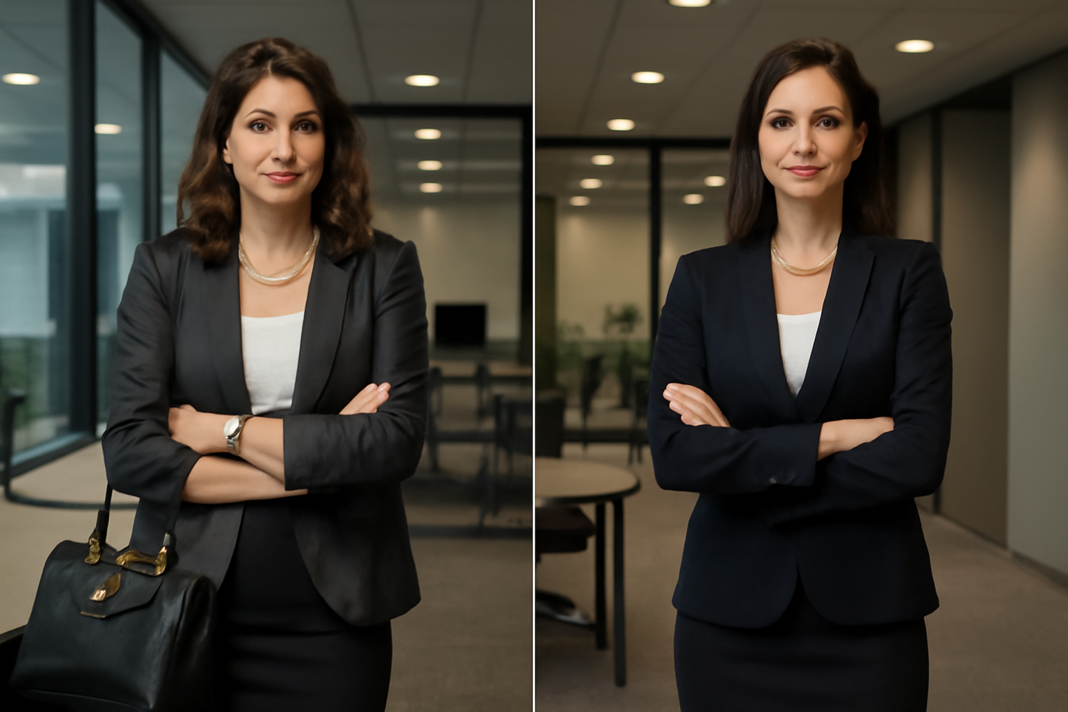 "Two women in professional office attire, showcasing stylish, tailored blazers in black and navy. Both women stand confidently with arms crossed in a modern office setting, exuding professionalism and empowerment. One woman holds a black handbag, while the other sports a subtle necklace."