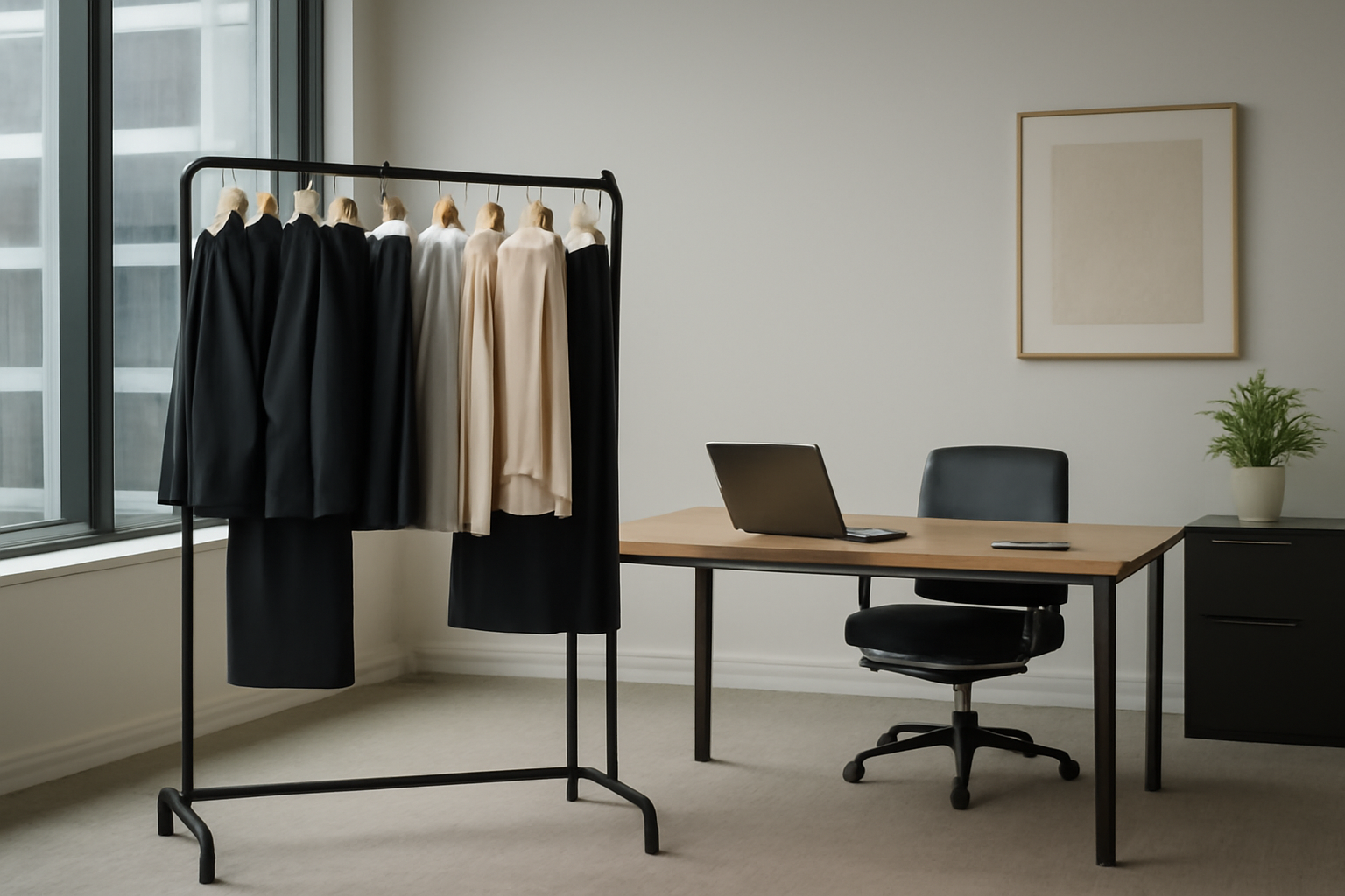 "Minimalist office space with a clothing rack displaying a collection of tailored blazers in black, beige, and white. A desk with a laptop, smartphone, and potted plant completes the clean, professional setting."