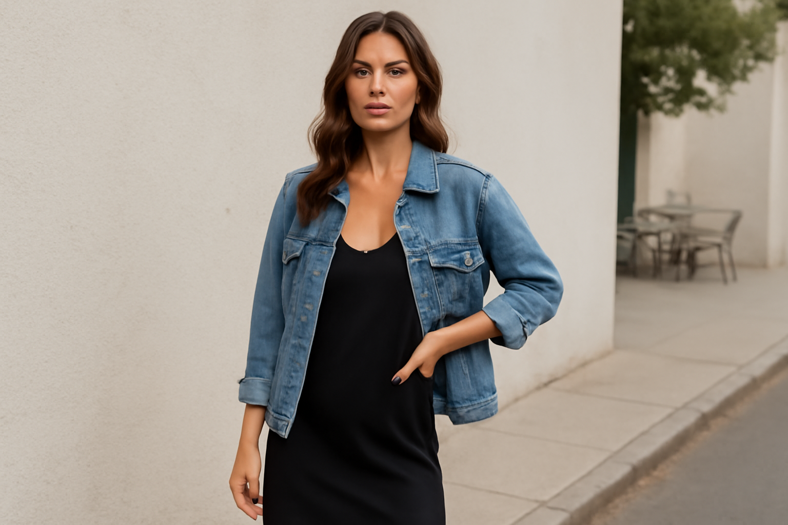 "Casual black slip dress." 