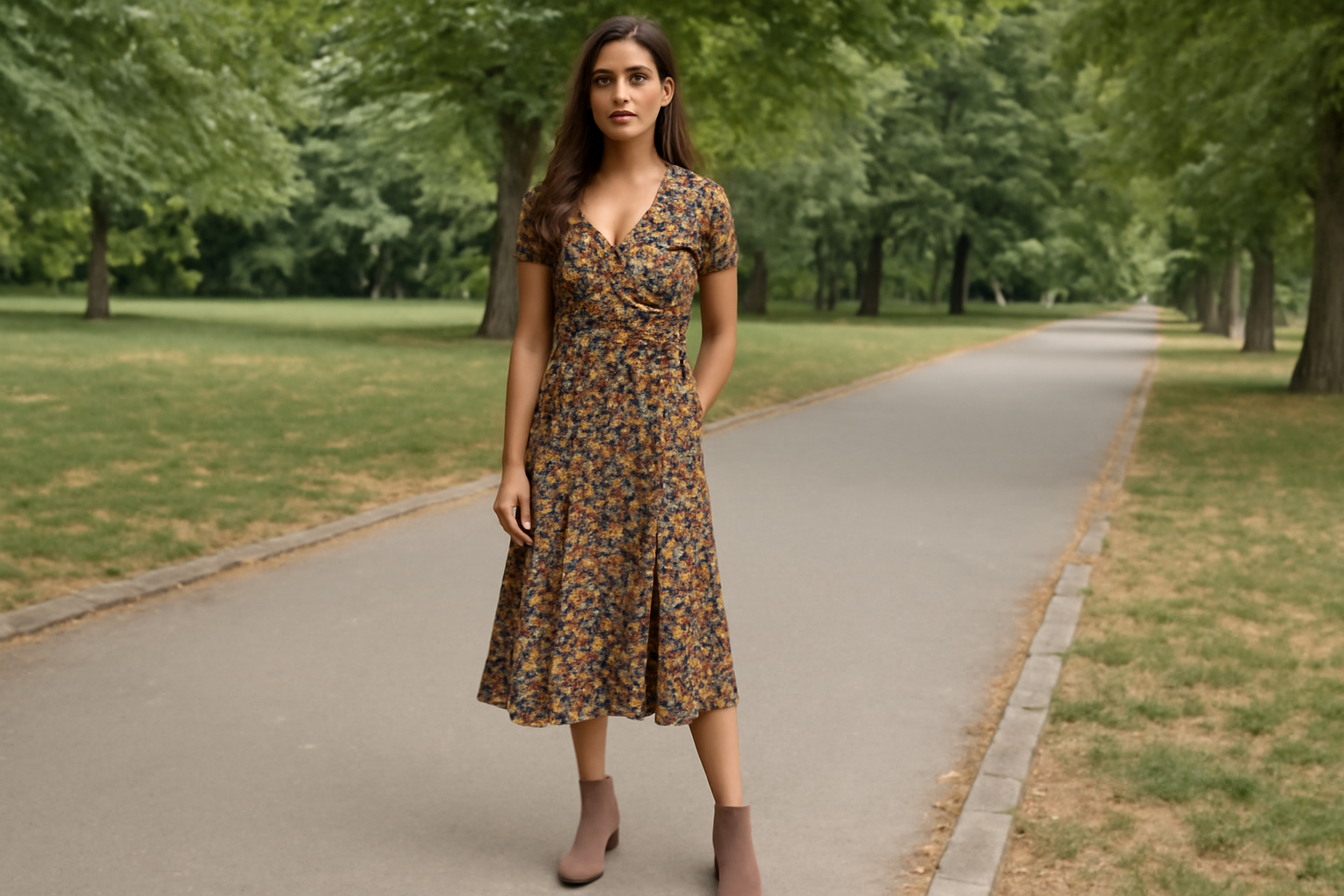"Floral wrap dress style." 