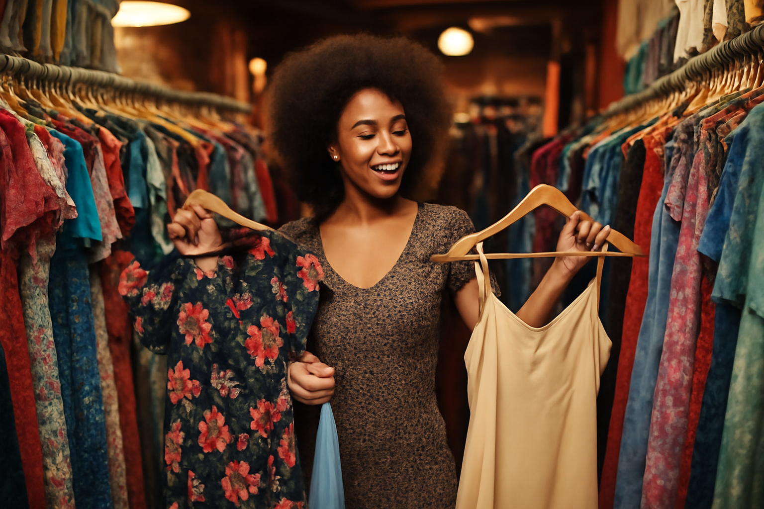 "Excited woman shopping dresses." 