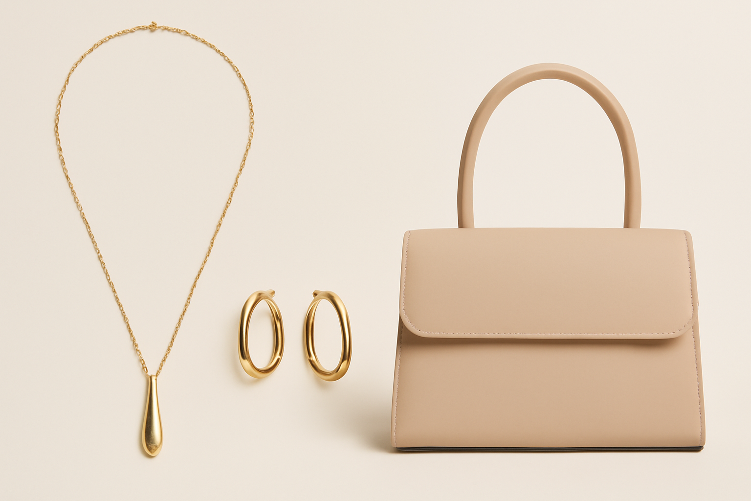 "Gold necklace, hoop earrings, handbag" 