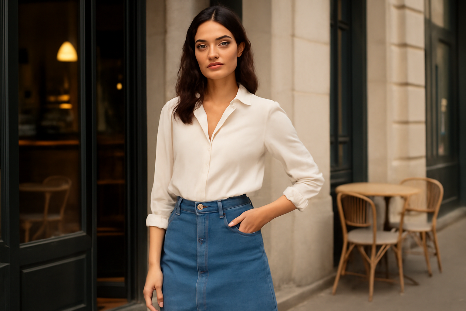 "A confident woman wearing a white button-down blouse and a blue denim skirt, standing in front of a cozy café with a warm, inviting atmosphere. She exudes casual elegance, with one hand in her pocket and a serene expression. The background features outdoor seating, enhancing the relaxed, stylish vibe of the scene."