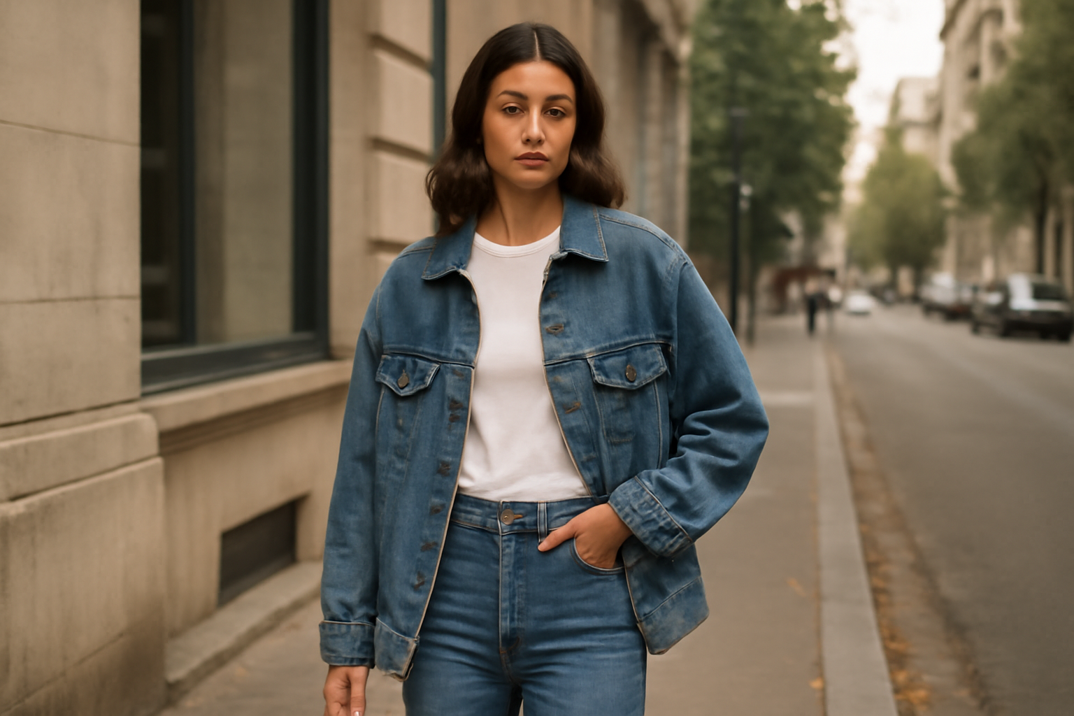 "A woman confidently walking down a city street, dressed in a casual yet stylish outfit. She wears a classic white t-shirt paired with a light blue denim jacket and high-waisted jeans. Her hair is styled in soft waves, and she stands with one hand in her pocket. The background showcases a peaceful urban street, with green trees lining the sidewalk and buildings in the distance, giving off a relaxed, fashionable vibe."