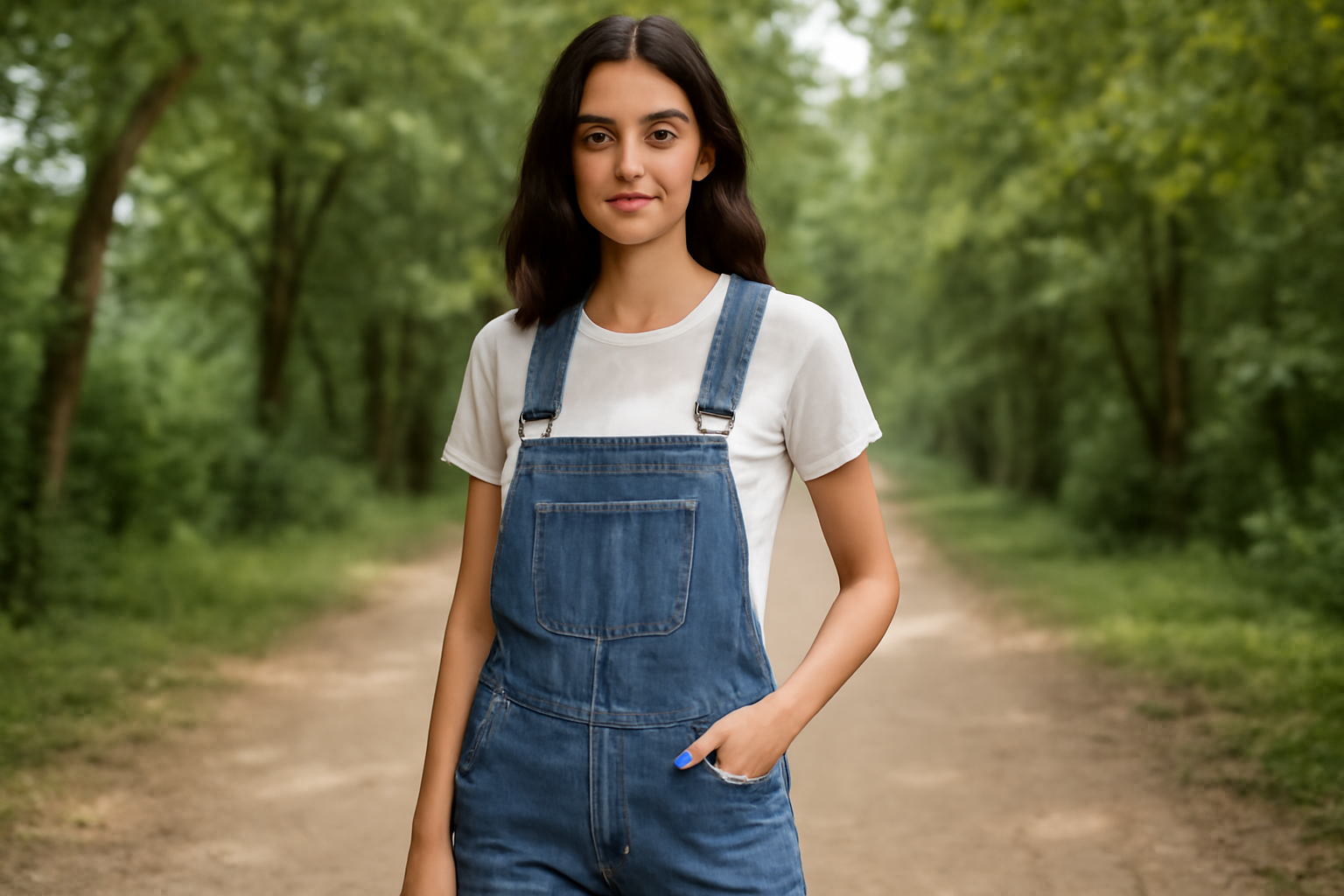 "A young woman standing confidently on a tree-lined dirt path, wearing a white t-shirt and blue denim overalls. She has one hand casually in her pocket, exuding a relaxed, carefree vibe. The lush green foliage in the background enhances the natural, fresh atmosphere of the scene."