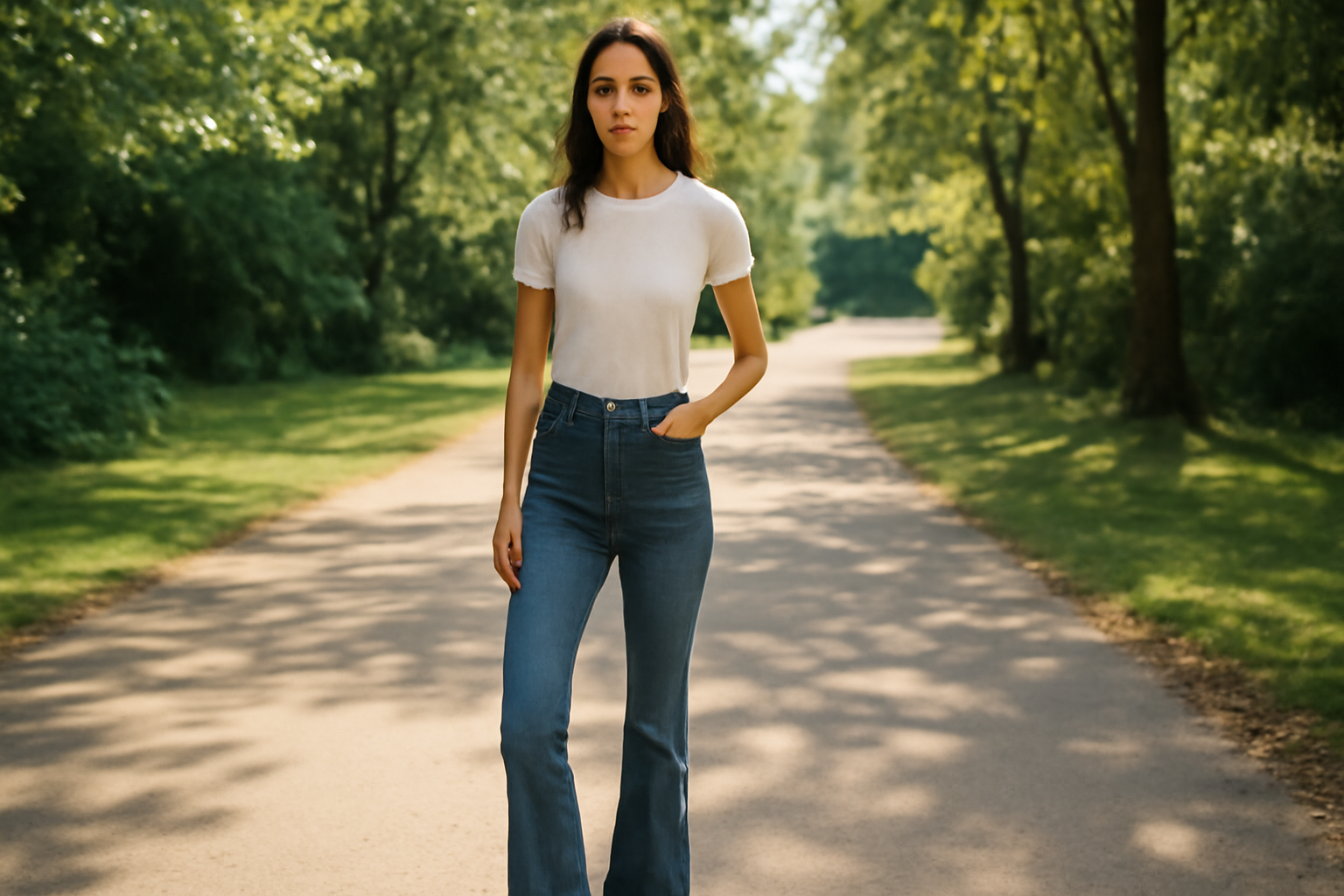 "A young woman confidently walking along a scenic tree-lined path, wearing a simple white t-shirt and high-waisted blue jeans. She stands with one hand in her pocket, exuding a calm, effortless vibe. The soft, natural lighting and greenery in the background create a peaceful and fresh atmosphere." 