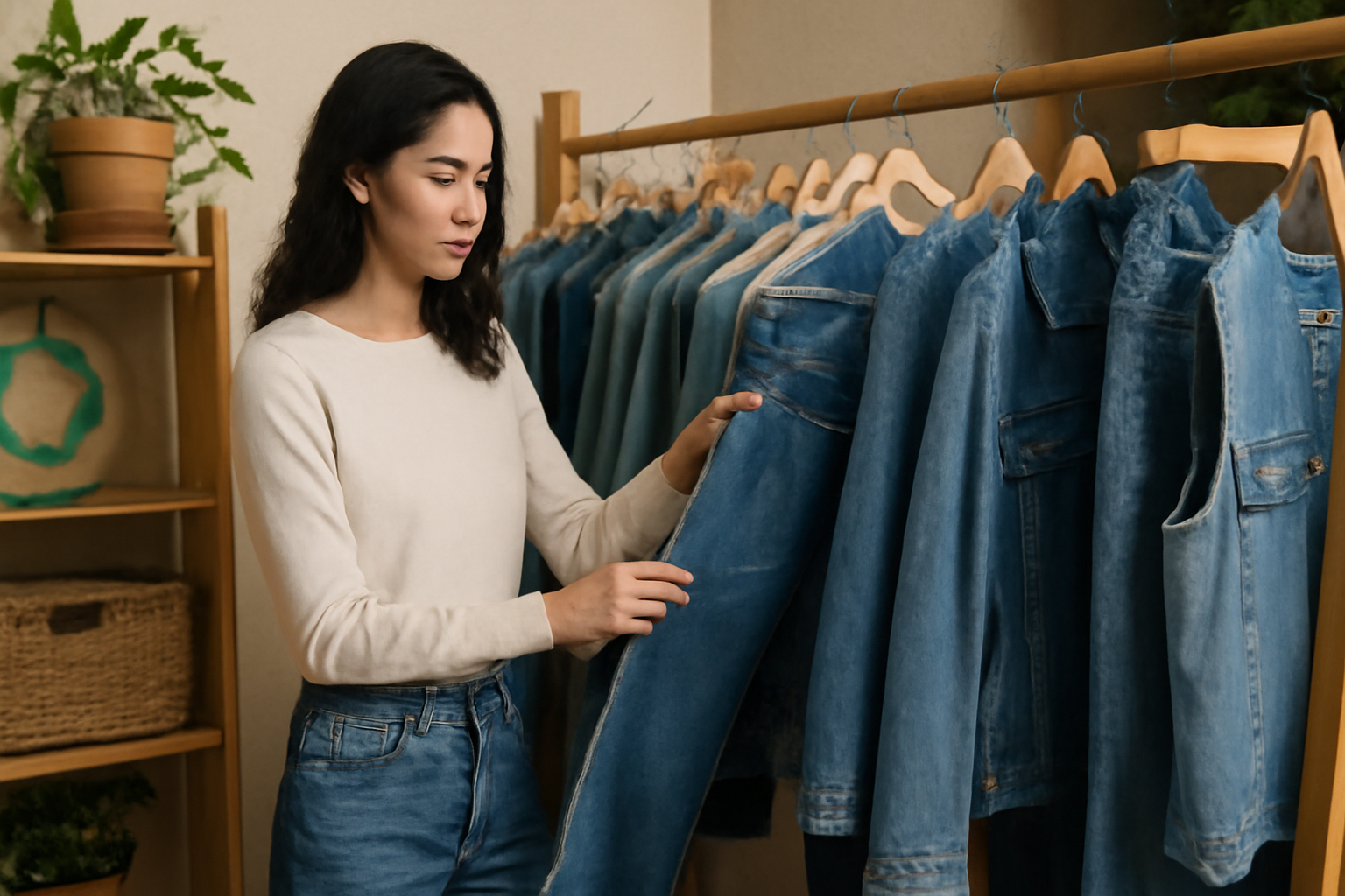 "A woman shopping for denim, holding a pair of blue jeans while browsing through a collection of denim jackets and pants on a clothing rack. She wears a casual white long-sleeve shirt and blue jeans. The cozy, neutral-toned background with plants and neatly arranged clothing creates a calm, inviting atmosphere for fashion shopping."