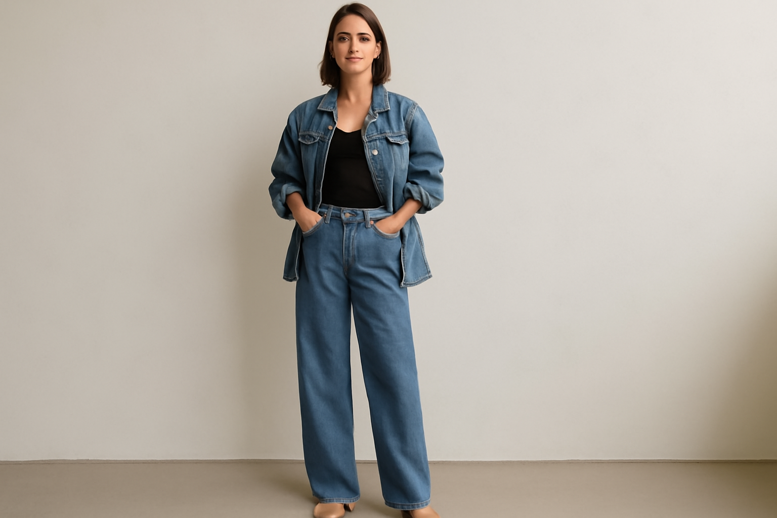 "Confident woman in denim" 