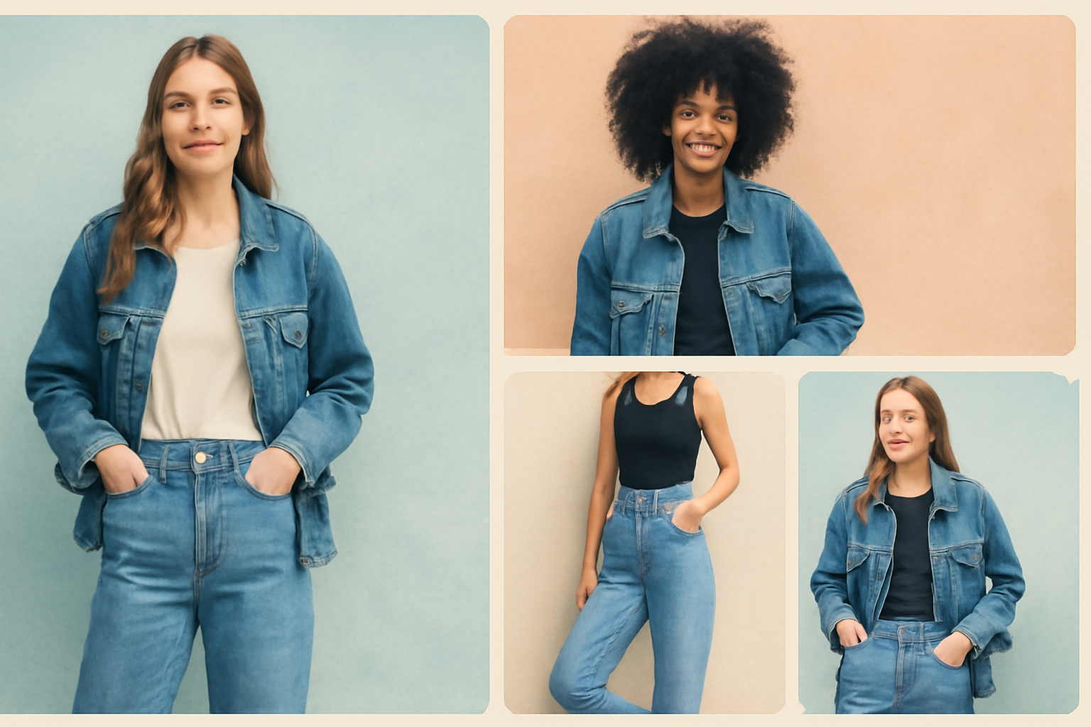 "Collage of models wearing denim fashion: a woman in a classic blue denim jacket paired with high-waisted jeans, another in a denim jacket with a black top, a third in high-waisted denim jeans and a black bodysuit, and a final model wearing a denim jacket over a black top. The pastel-toned backgrounds add a soft, nostalgic vibe to the image."