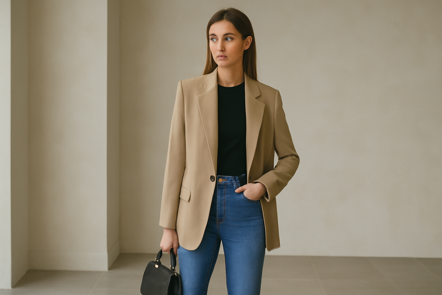 Stylish beige blazer outfit.