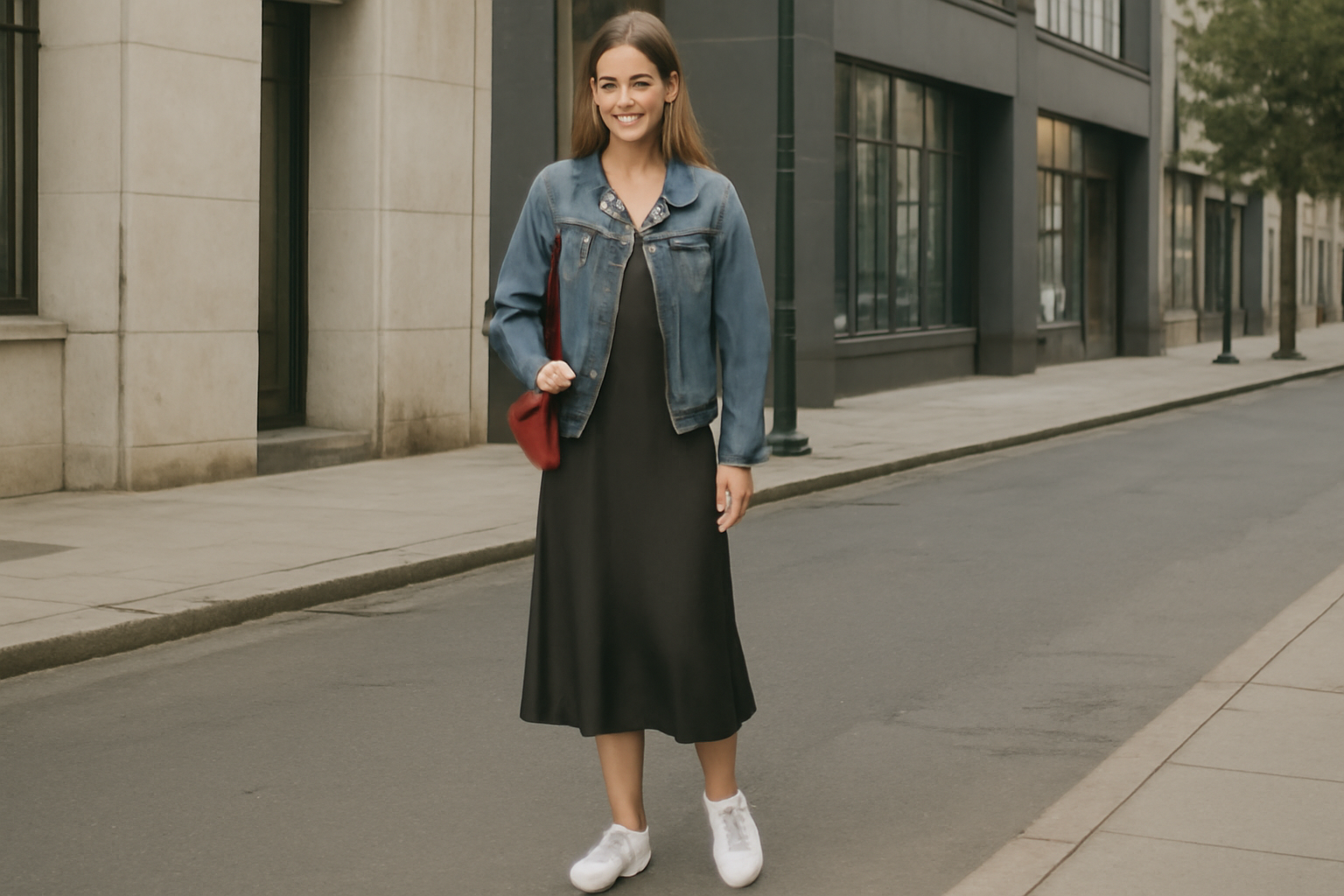 Woman in denim jacket strolls.