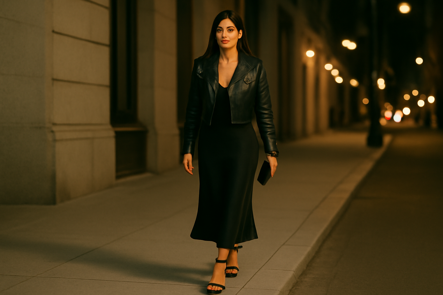 "Chic woman night stroll" 