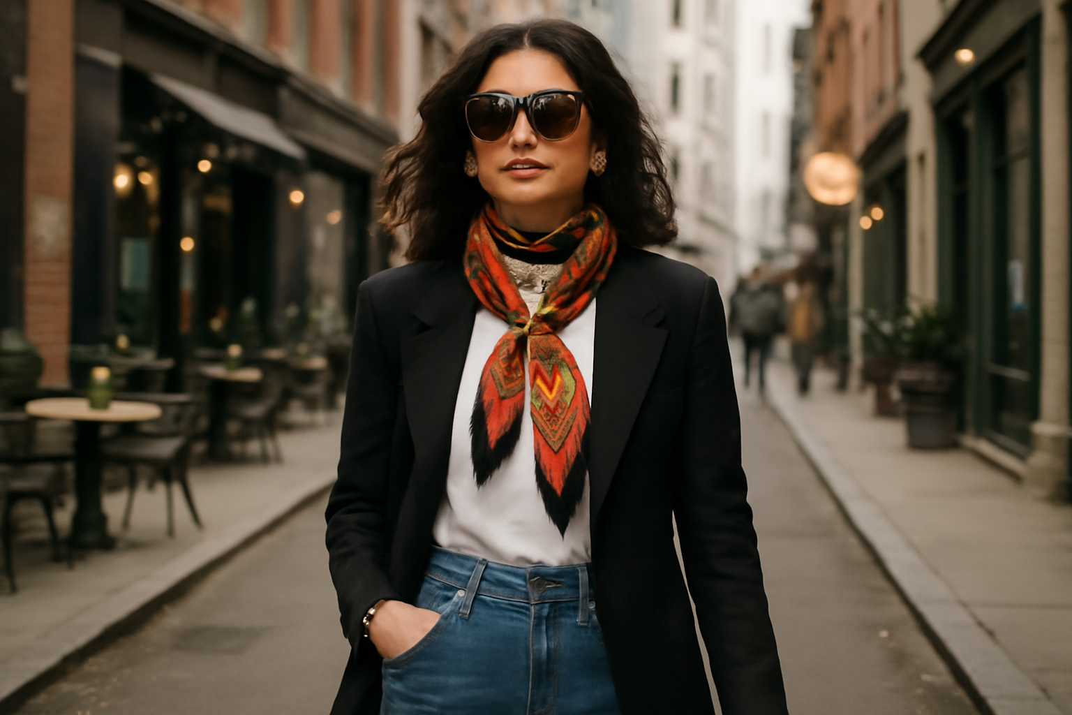 "Woman in stylish streetwear."