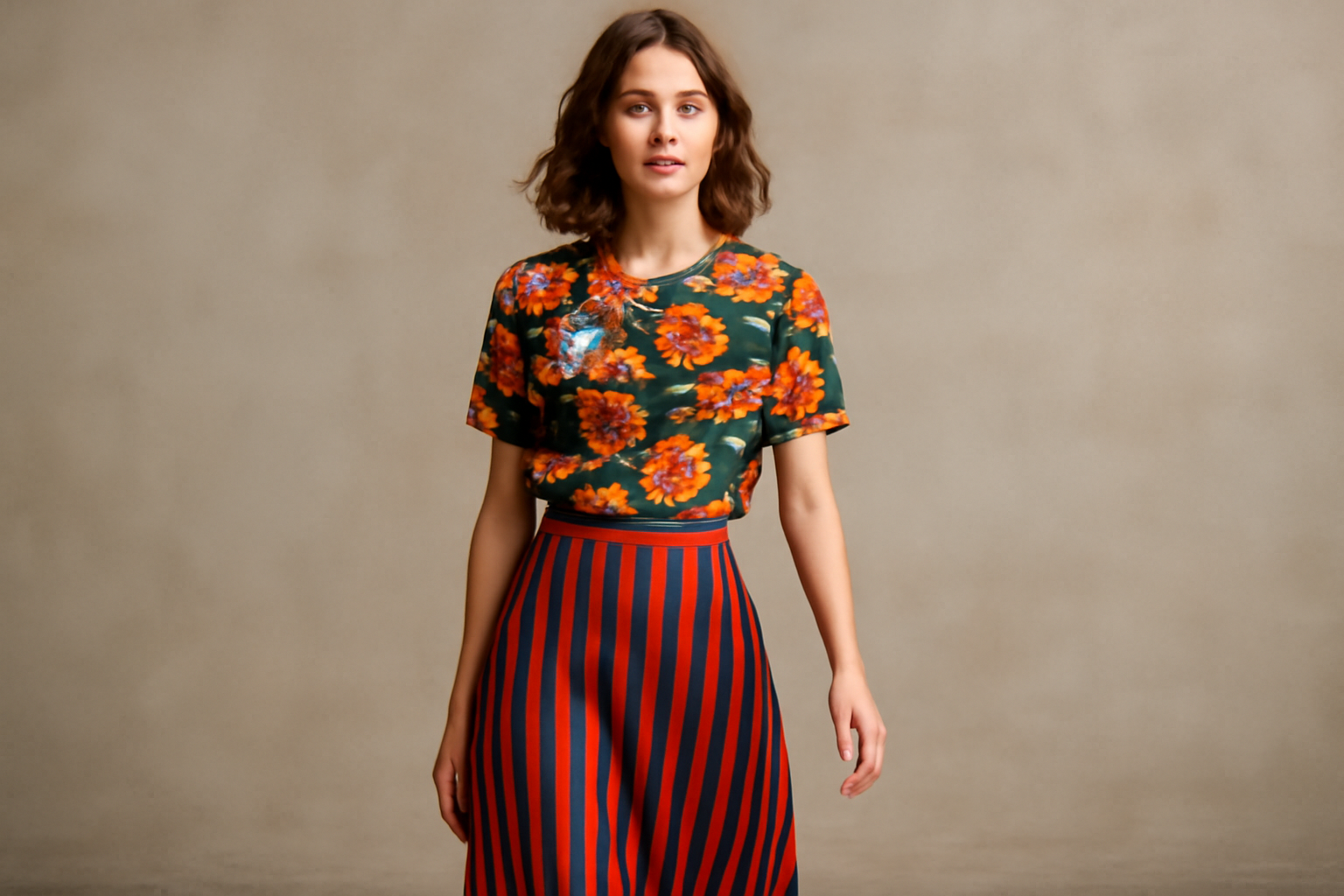 "Floral top, striped skirt."