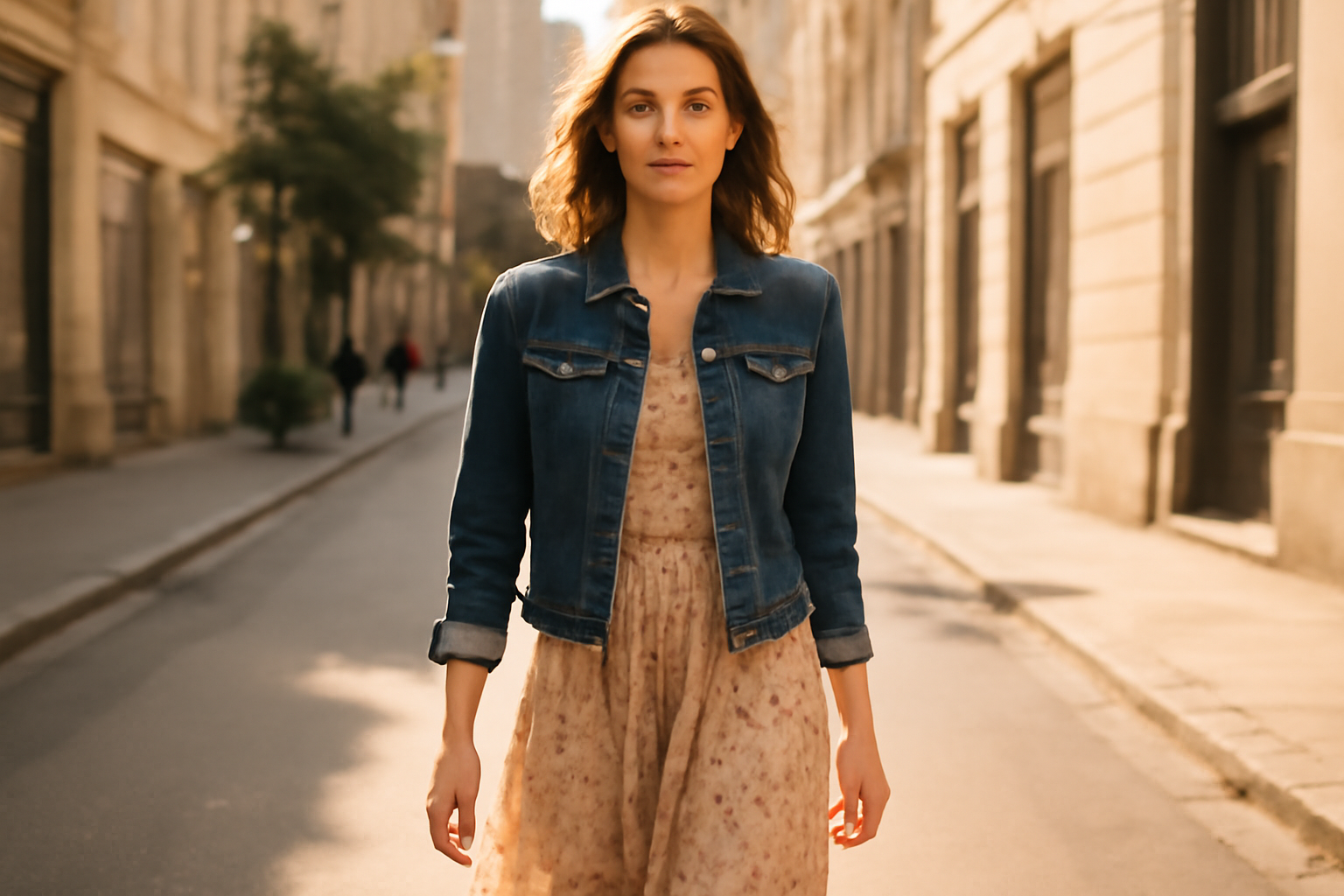 "Denim jacket, floral dress."