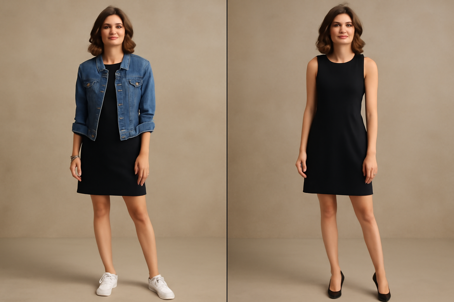 "Denim jacket, black dress."