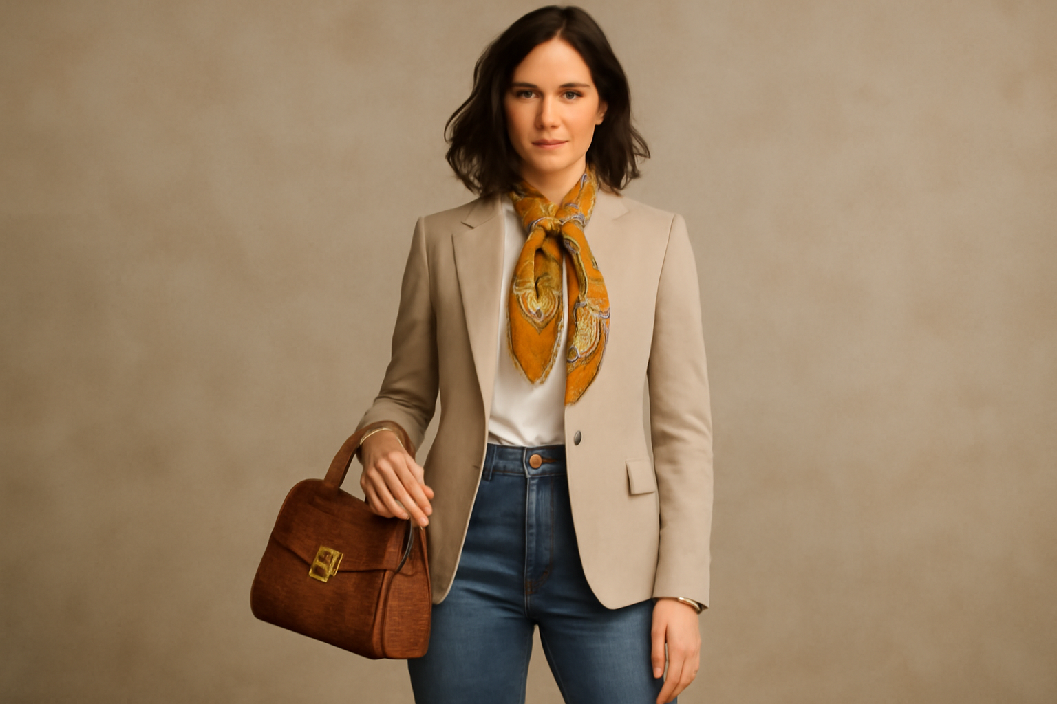 "Blazer, scarf, handbag, jeans."