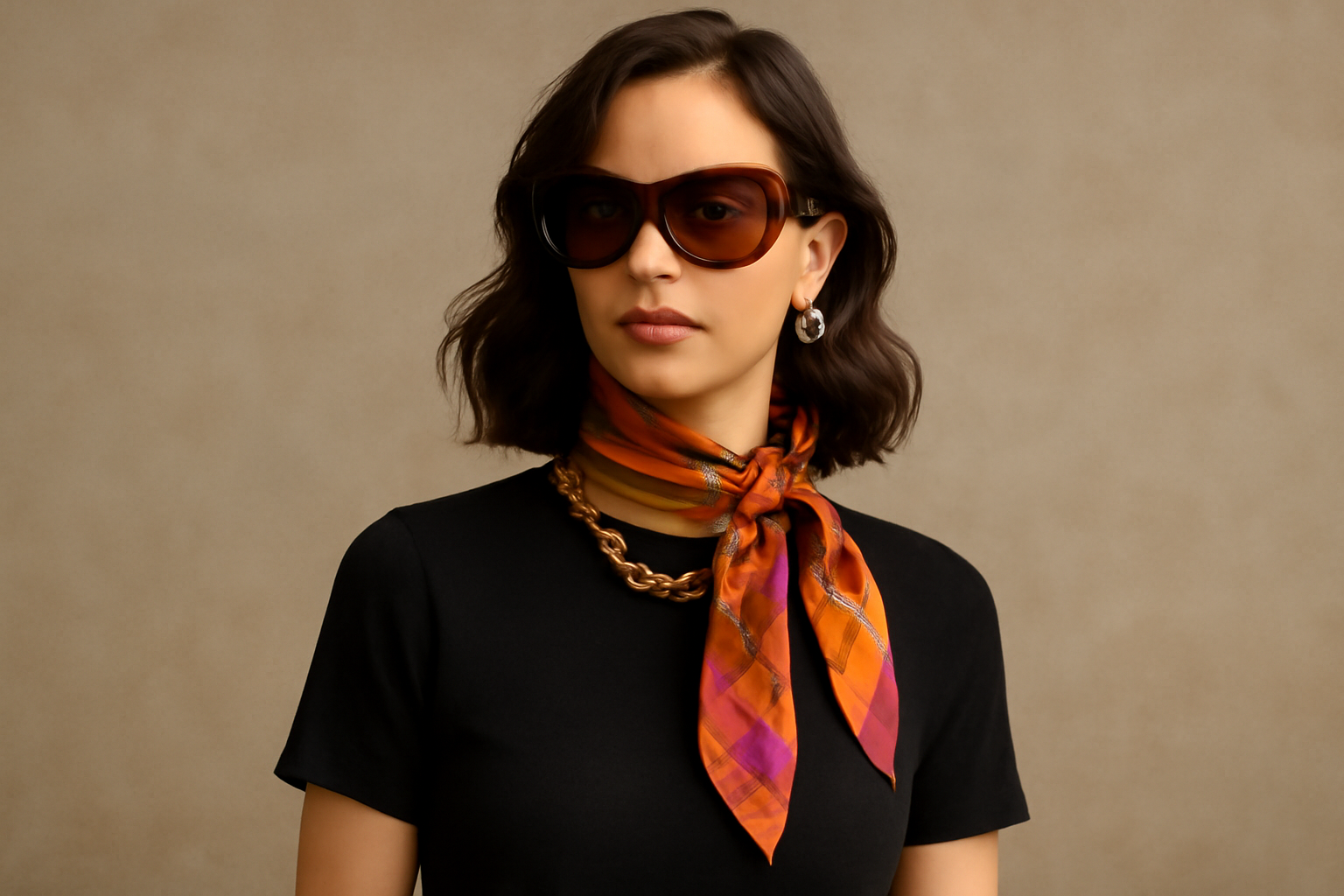 "Sunglasses, scarf, necklace."