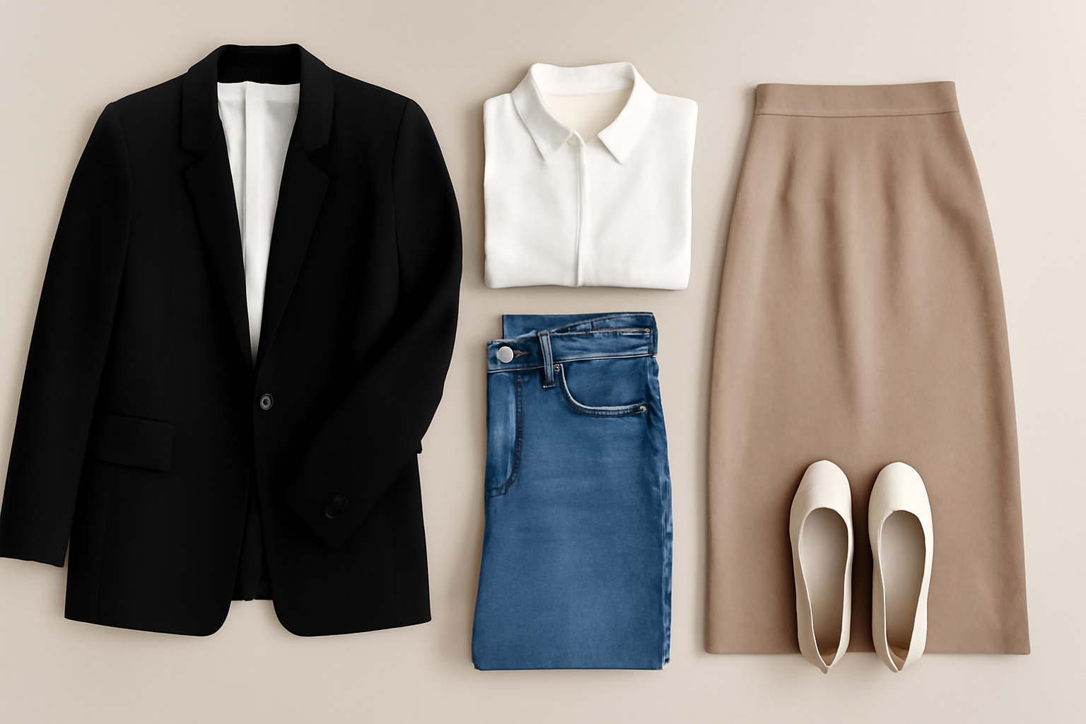 featuring a black blazer, white shirt, blue jeans, beige skirt, and white shoes.