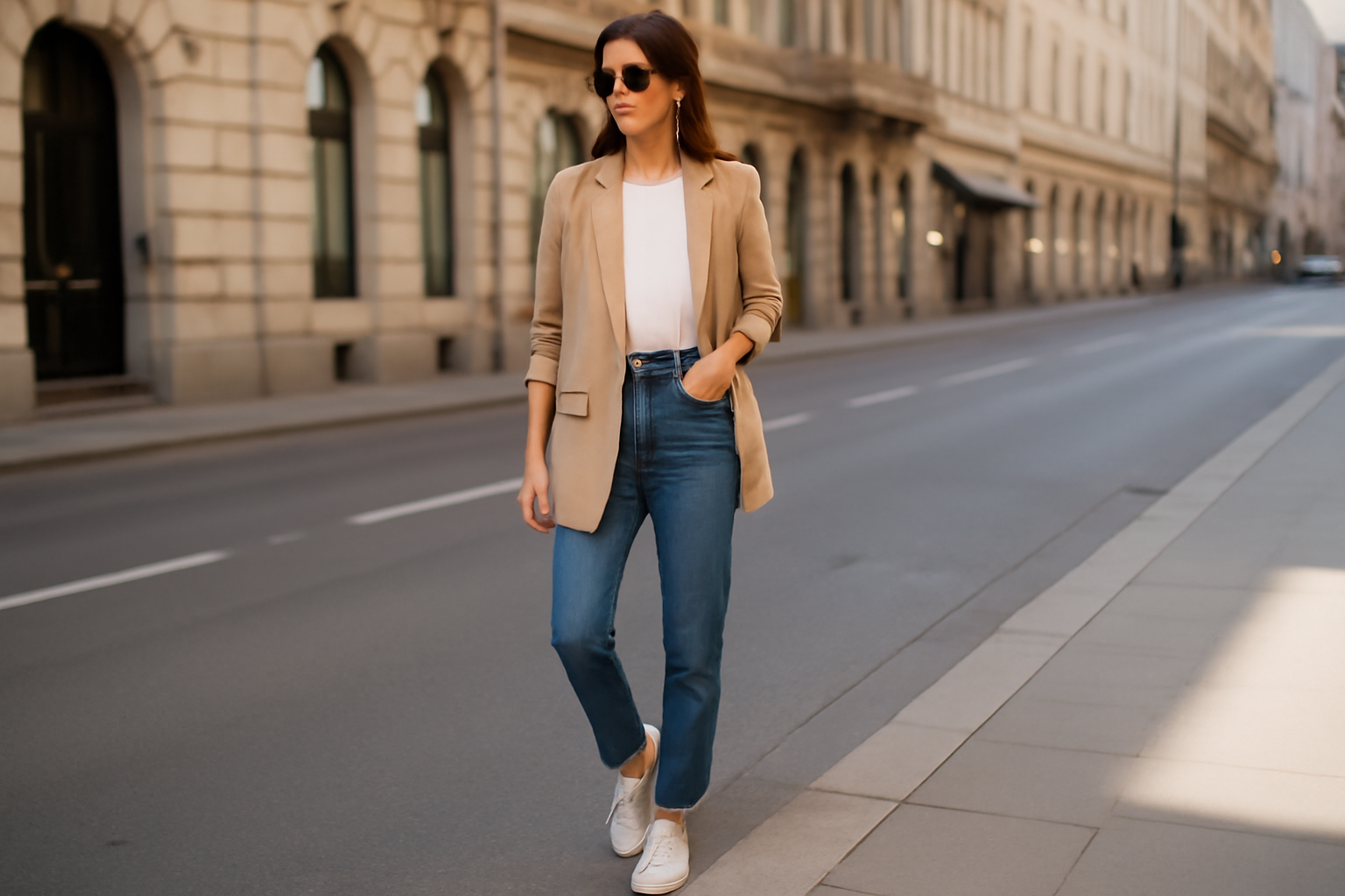 "Woman wearing beige blazer."