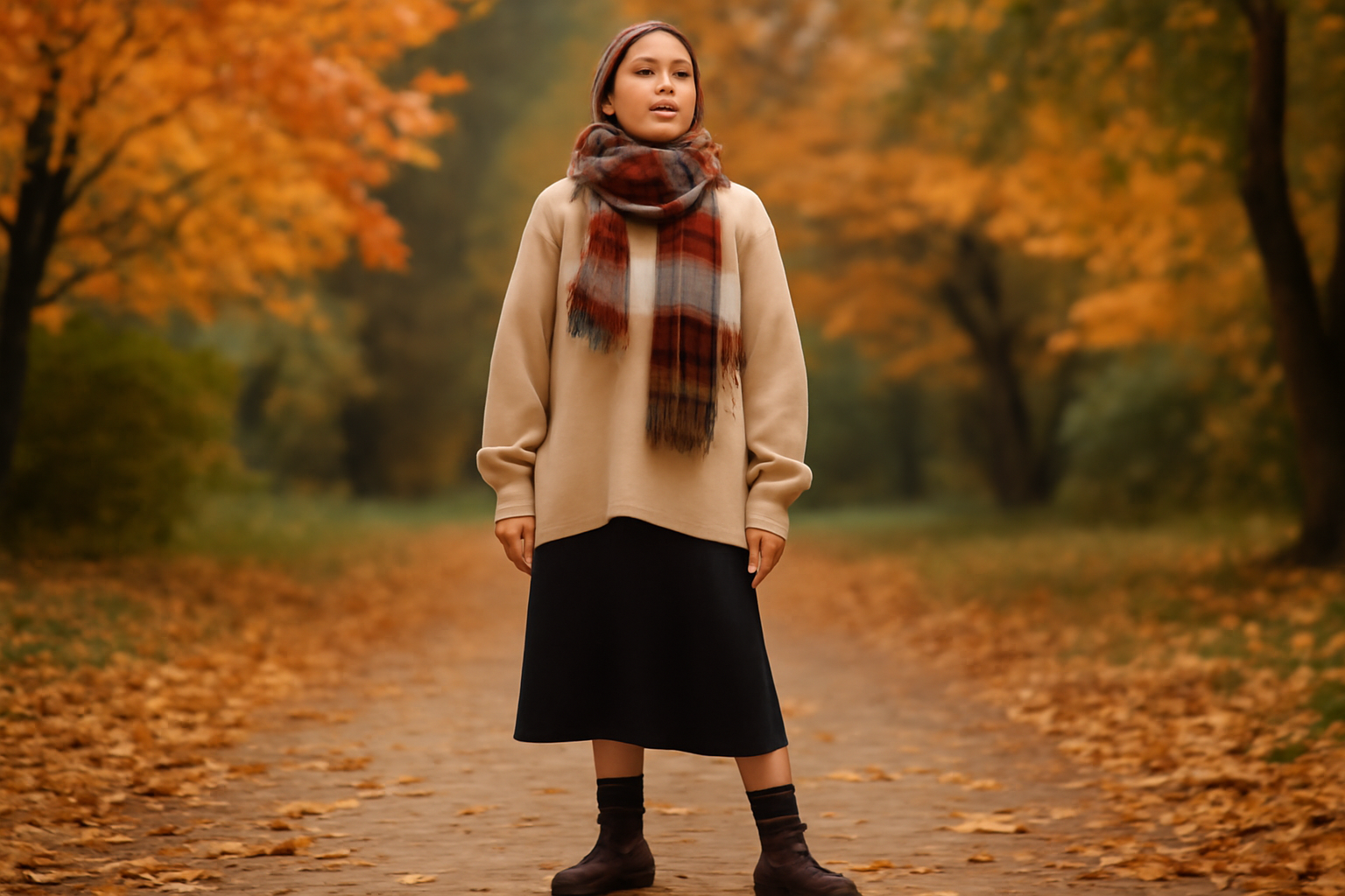 "Fall outfit, plaid skirt" 