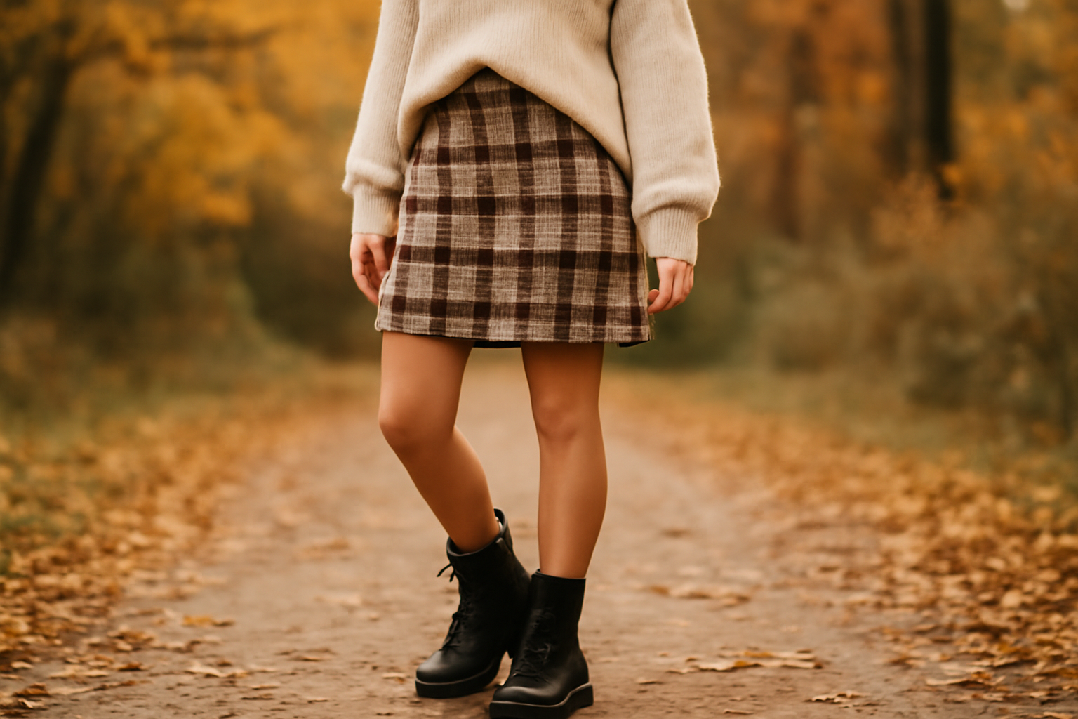 "Plaid skirt, chunky boots" 