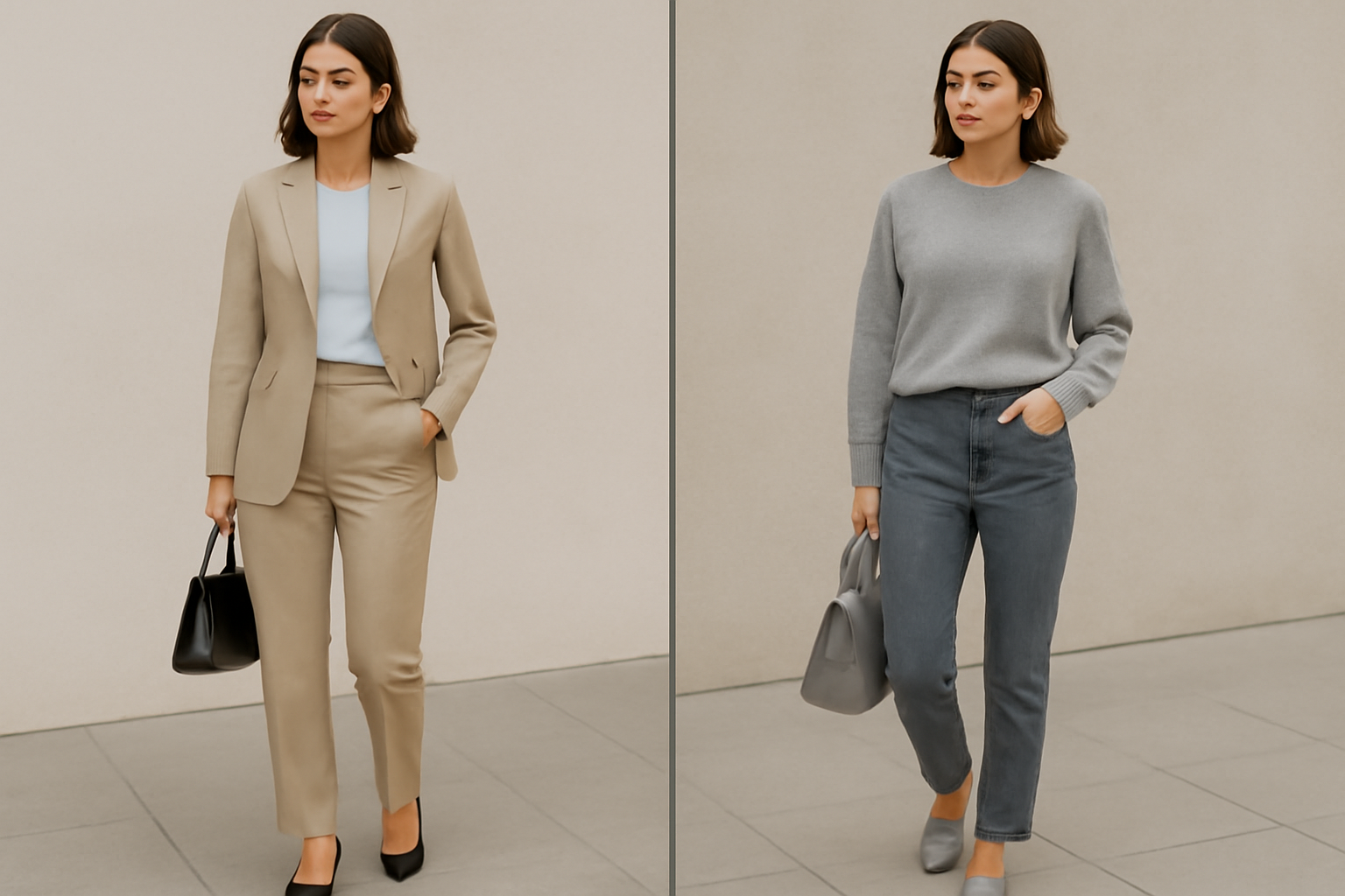"Woman in beige suit."