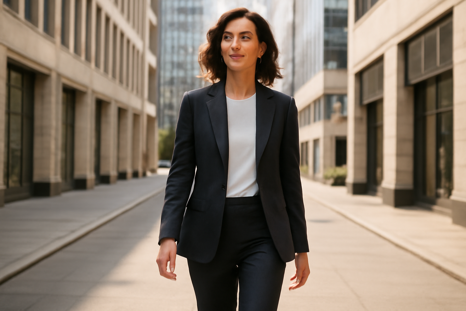 "Business suit, city walk."