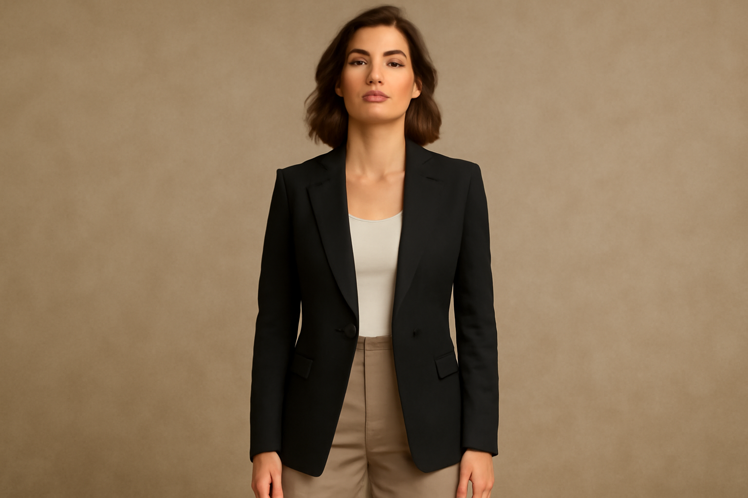 "Blazer, beige trousers, confident."