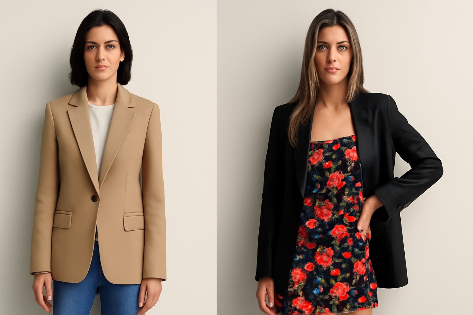 Neutral blazer, floral dress 
