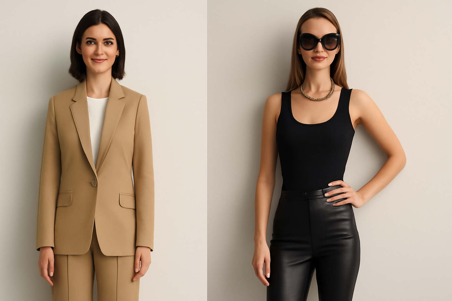 Professional tan suit style, stylish black leather outfit.