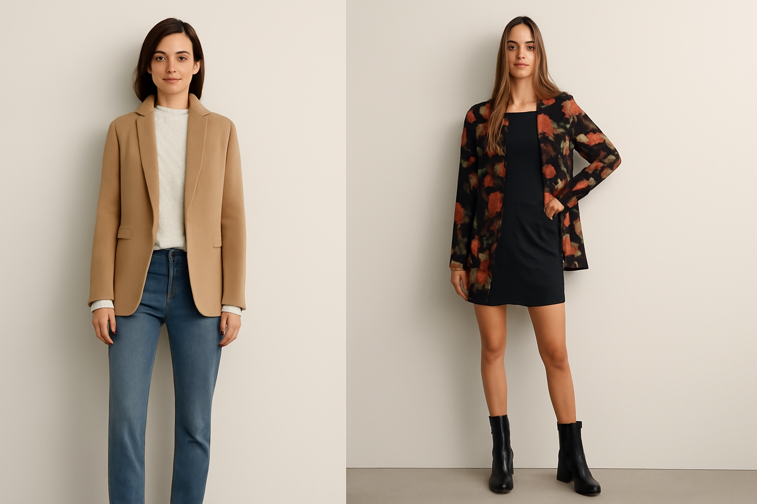 Casual tan blazer jeans, floral dress with boots.