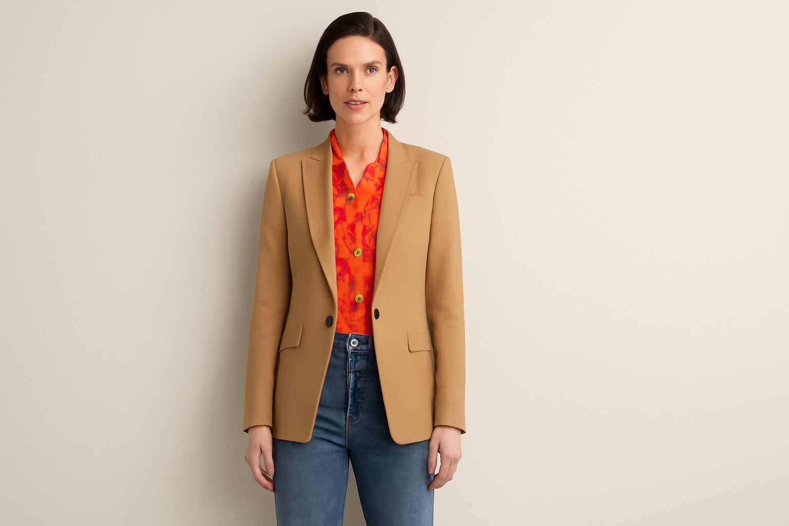 Tan blazer with jeans.