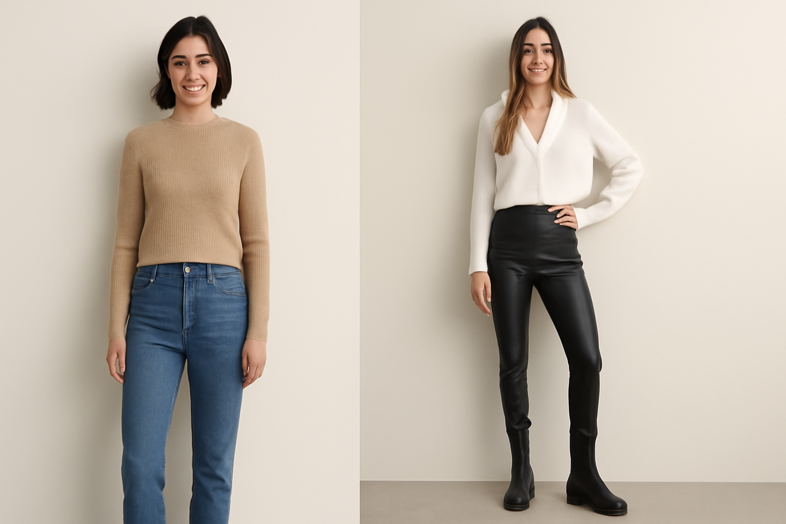 Tan sweater with jeans, white top with leather pants.