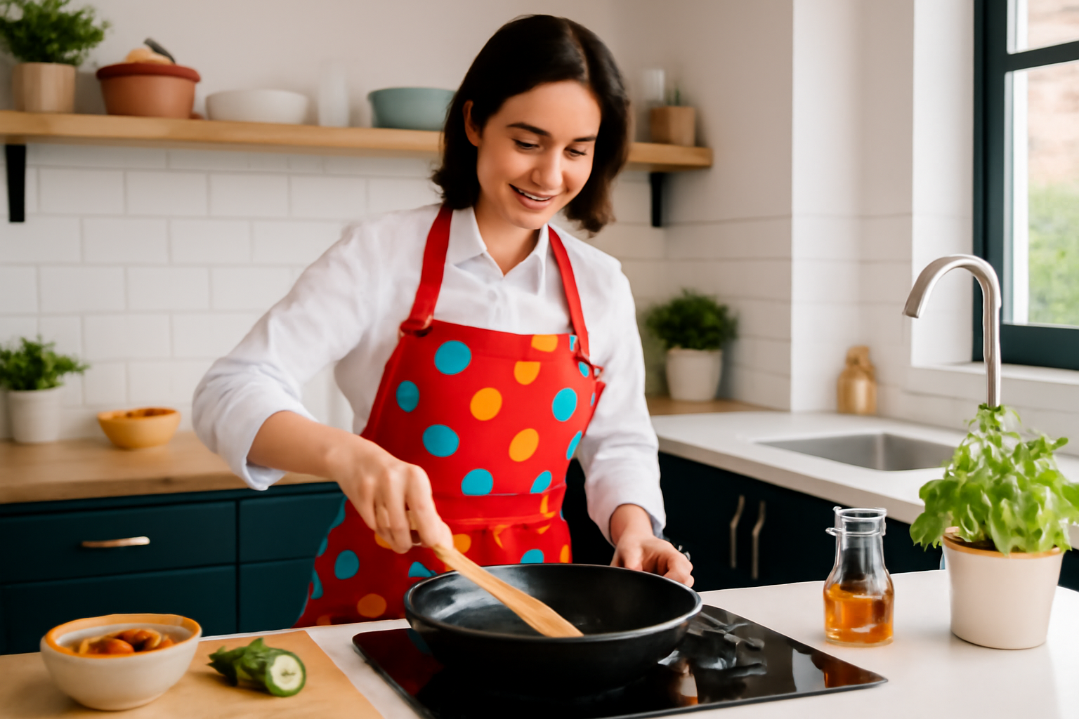 Woman cooking with apron.