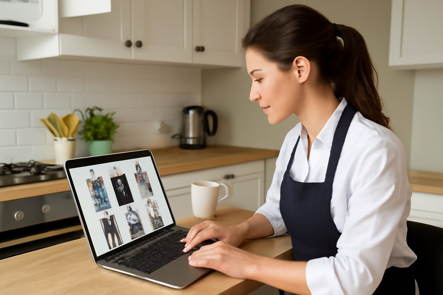 Woman working on laptop.